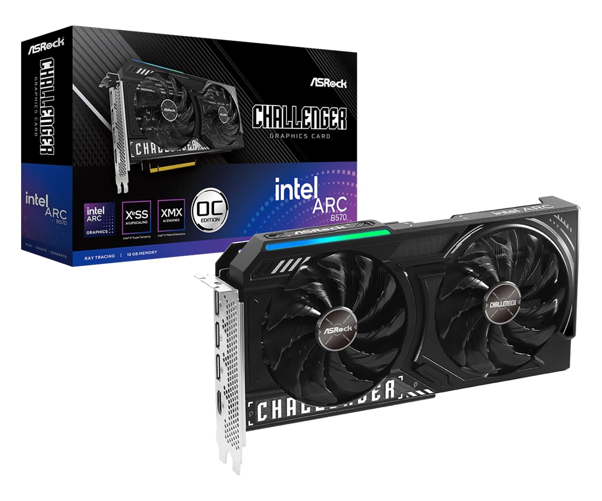 کارت گرافیک ASRock Intel Arc B570 Challenger 10 گیگابایت OC 2600 مگاهرتز، 19 گیگابیت‌برثانیه GDDR6، 160 بیت، رزولوشن تا 7680 × 4320، 600 وات، دو فن، خنک‌کنندگی بی‌صدا 0 دسی‌بل