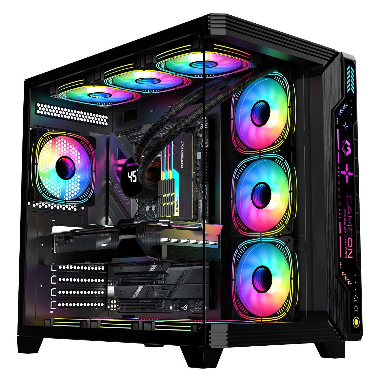کیس بازی GAMEON PULSE-M - پشتیبانی از ATX/M-ATX/ITX ، شیشه سکوریت ، نورپردازی ARGB+PWM ، 7 فن نصب شده ، آماده برای سیستم خنک کننده آب 360 میلیمتر