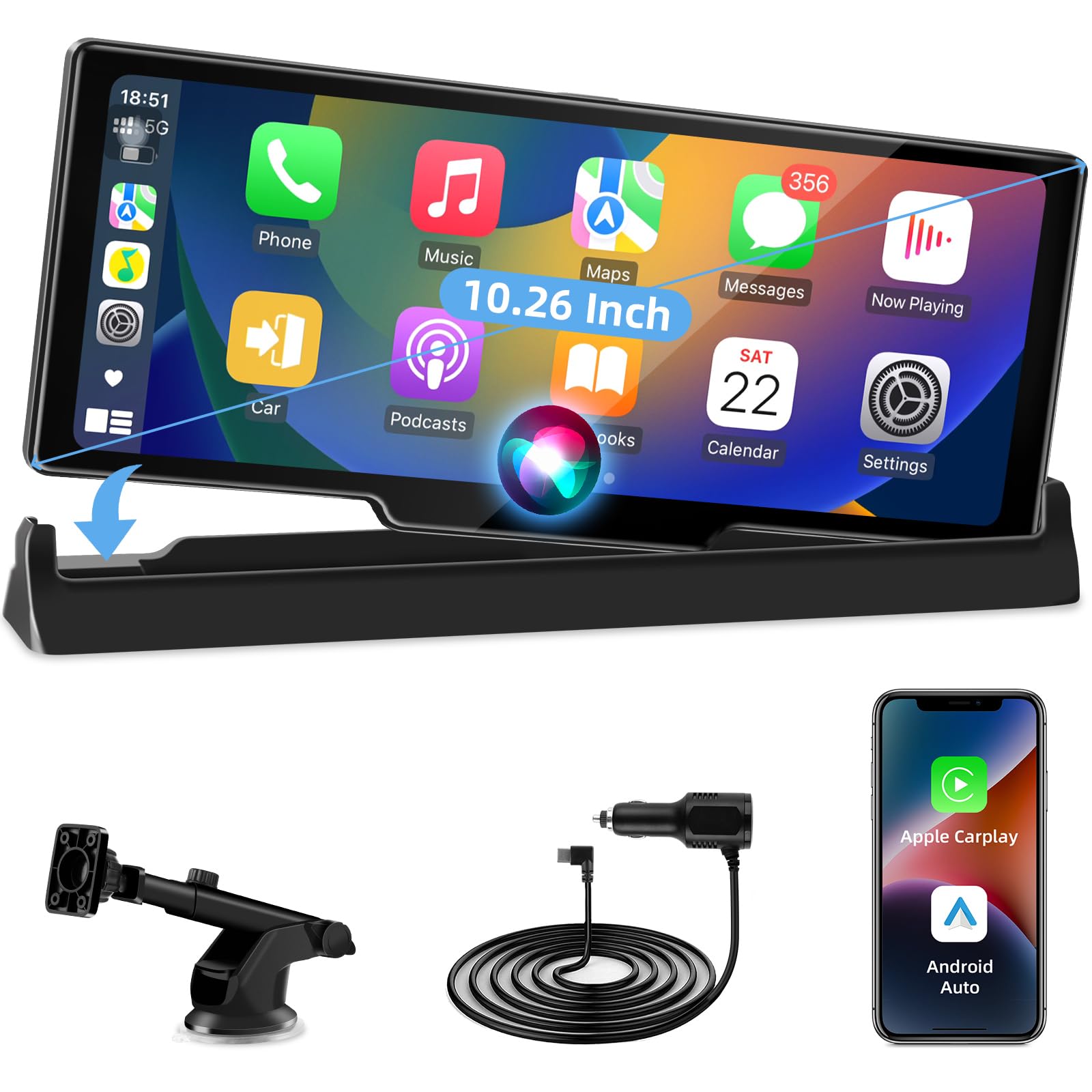 نمایشگر Carplay آندرویدی خودرو با نگهداشت کننده اختصاصی قابل حمل 10.26 اینچی با صفحه نمایش لمسی HD IPS Car Play با بلوتوث Siri Mirror Link 64 گیگابایت کارت TF T375D+Z028