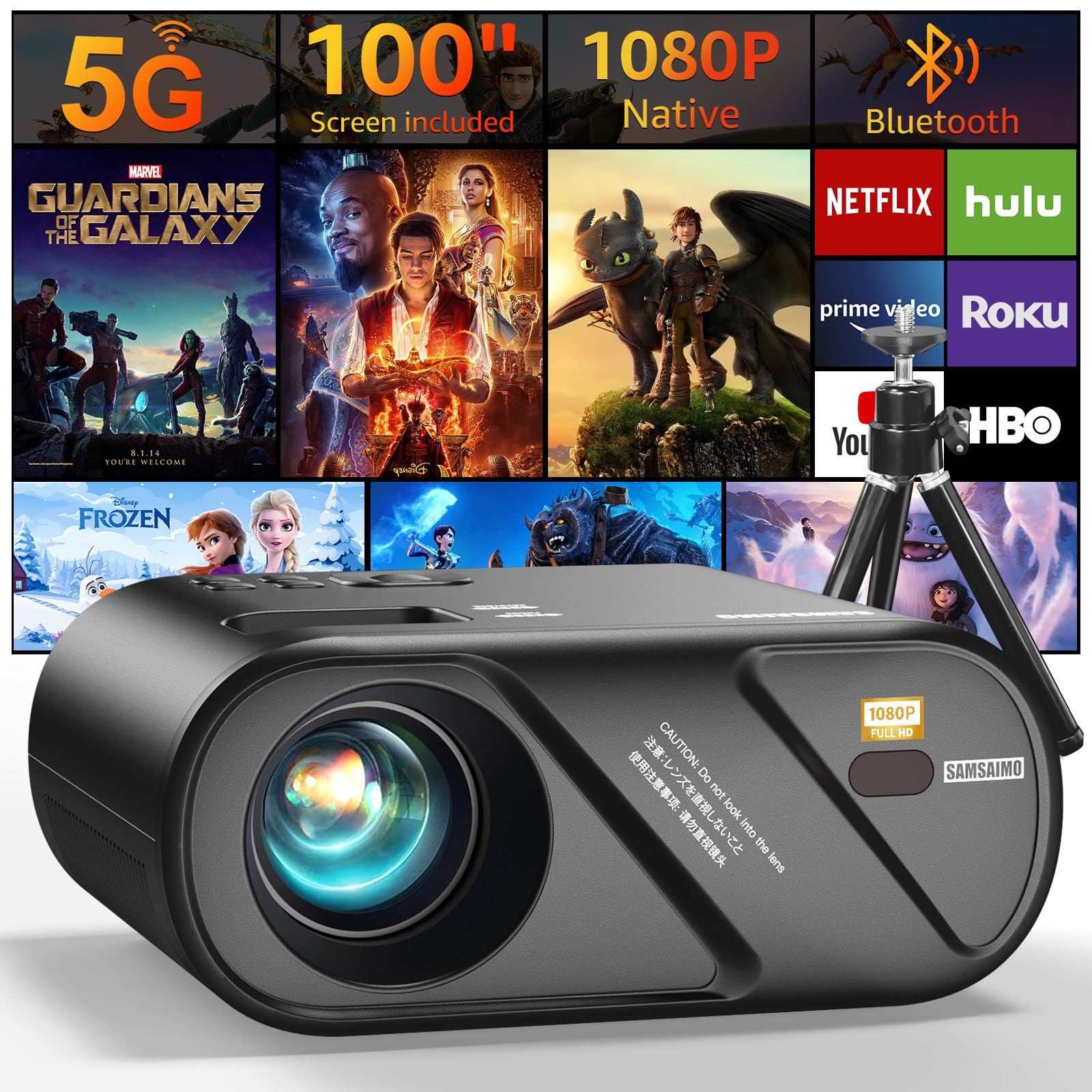 پروژکتور وای فای 5G بلوتوث، پروژکتور فیلم خارجی [صفحه نمایش و تریپاد پروژکتور وارد شده]، پروژکتور ویدئوی Full HD 1080P برای تئاتر منزل، سازگار با تلفن، HDMI، USB، لپ تاپ، تی وی استیک، دیسک یو