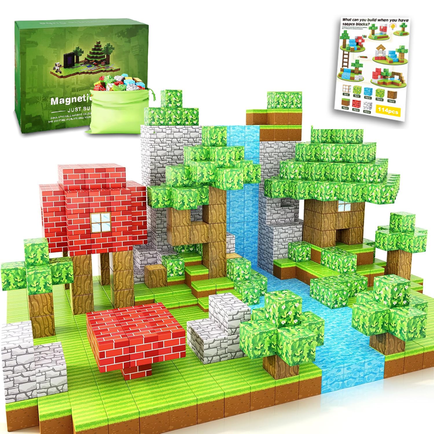 114 تکه بلوک مغناطیسی بازی ماجراجویی، مجموعه ساخت دنیای معدن برای پسران و دختران، اسباب بازی‌های حسی STEM برای هدایای کودکان، اسباب بازی‌های ساختمانی ضروری کلاس در دنیای جنگل 114 تکه