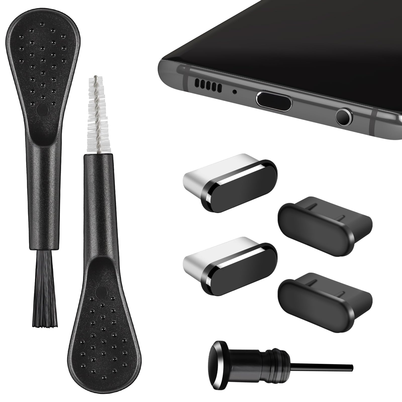 پوشش گرد و غبار USB C ، 4 عدد پوشش پورت USB C ، درپوش پورت ضد گرد و غبار ، درپوش محافظ پورت شارژ با کیت تمیز کننده برای آیفون سری ۱۵ و ۱۶ ، سامسونگ گلکسی الترا و تمام دستگاه‌های Type C
