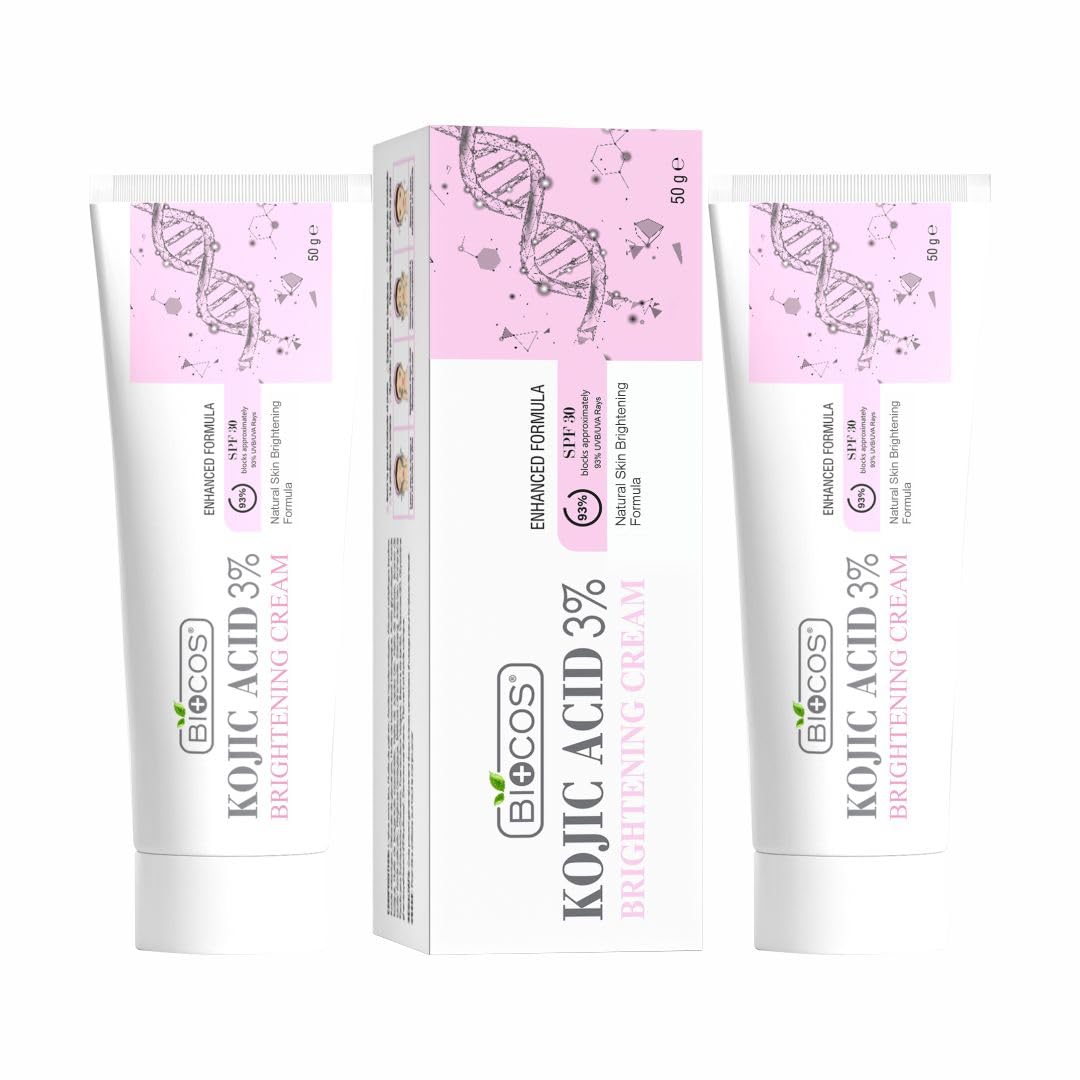 کرم BIOCOS اسید کوجیک برای لکه‌های تیره و افزایش پیگمانتاسیون - روشن کننده پوست و حذف زخم‌های جوش با اسید گلیکولیک، الوئه‌ورا و ویتامین B5 - کرم صورت برای تساوی رنگ پوست - بسته 2 عددی - ۵۰ گرم