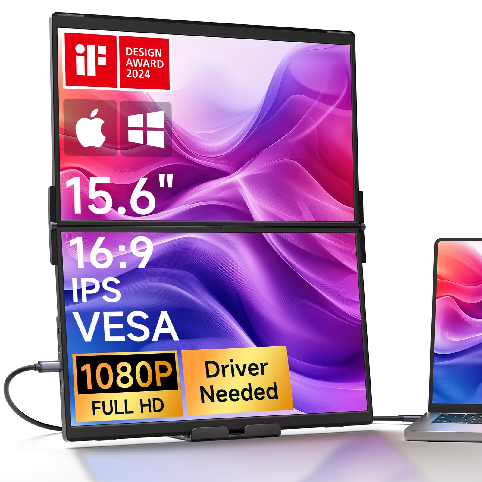 مانیتور قابل حمل دوگانه JSAUX FlipGo Pro با صفحه نمایش لپ تاپ، 1080P FHD IPS، سه گونه مانیتور لپتاپ، حاوی هاب داخلی، طراحی مغناطیسی، پلاگ اند پلی برای ویندوز / مک (راننده مورد نیاز) FlipGo 15.6 اینچ Pro