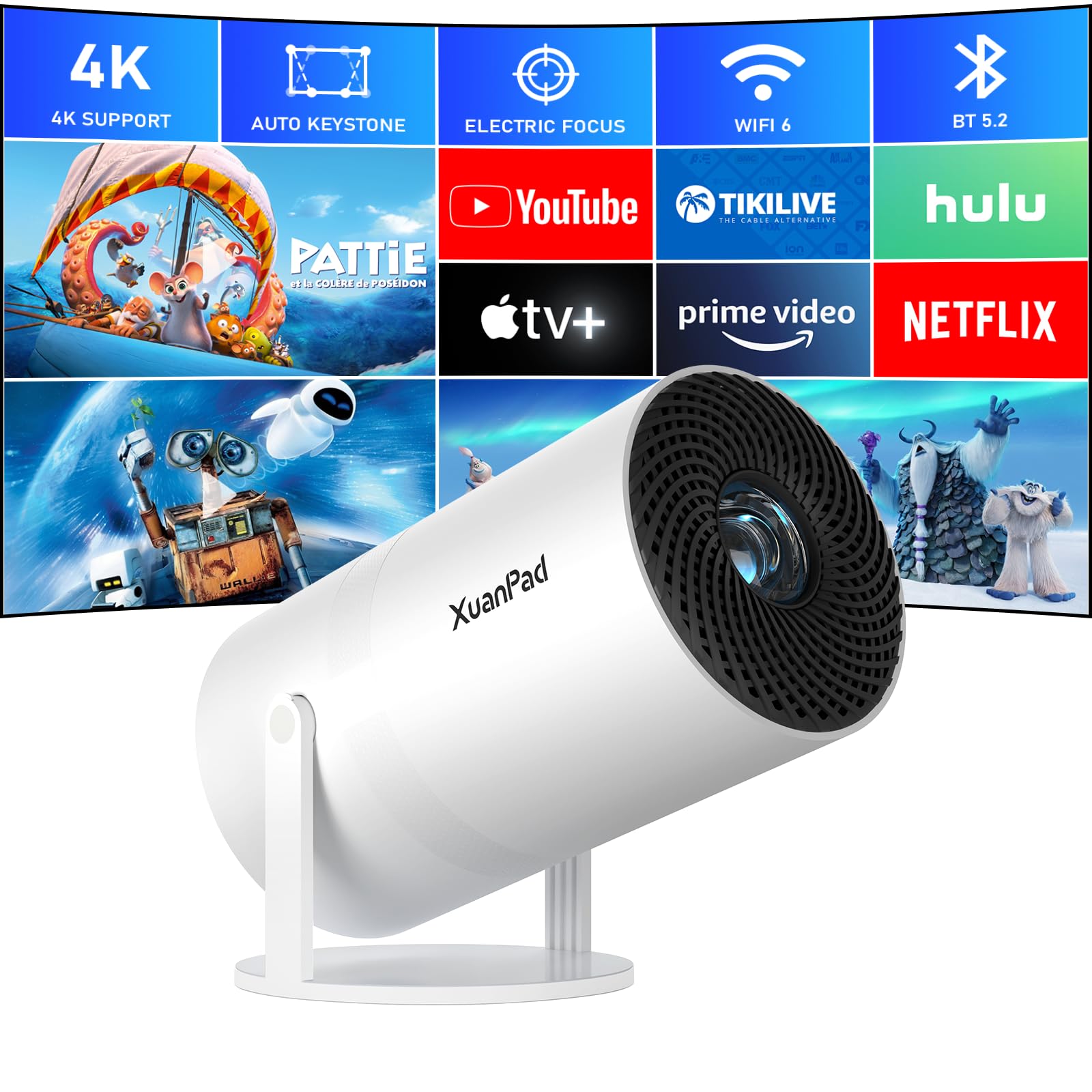 پروژکتور کوچک [فوکوس الکتریک و سیستم عامل اندروید] با قابلیت WiFi و بلوتوث، پروژکتور قابل حمل XuanPad با پشتیبانی 4K 1080P، استند 180 درجه قابل چرخش، دارای 8000+ برنامه نصب شده، طراحی حذف گرد و غبار و انتقال حرارت، 21000 لومن فوکوس الکتریک + سیستم اندروید