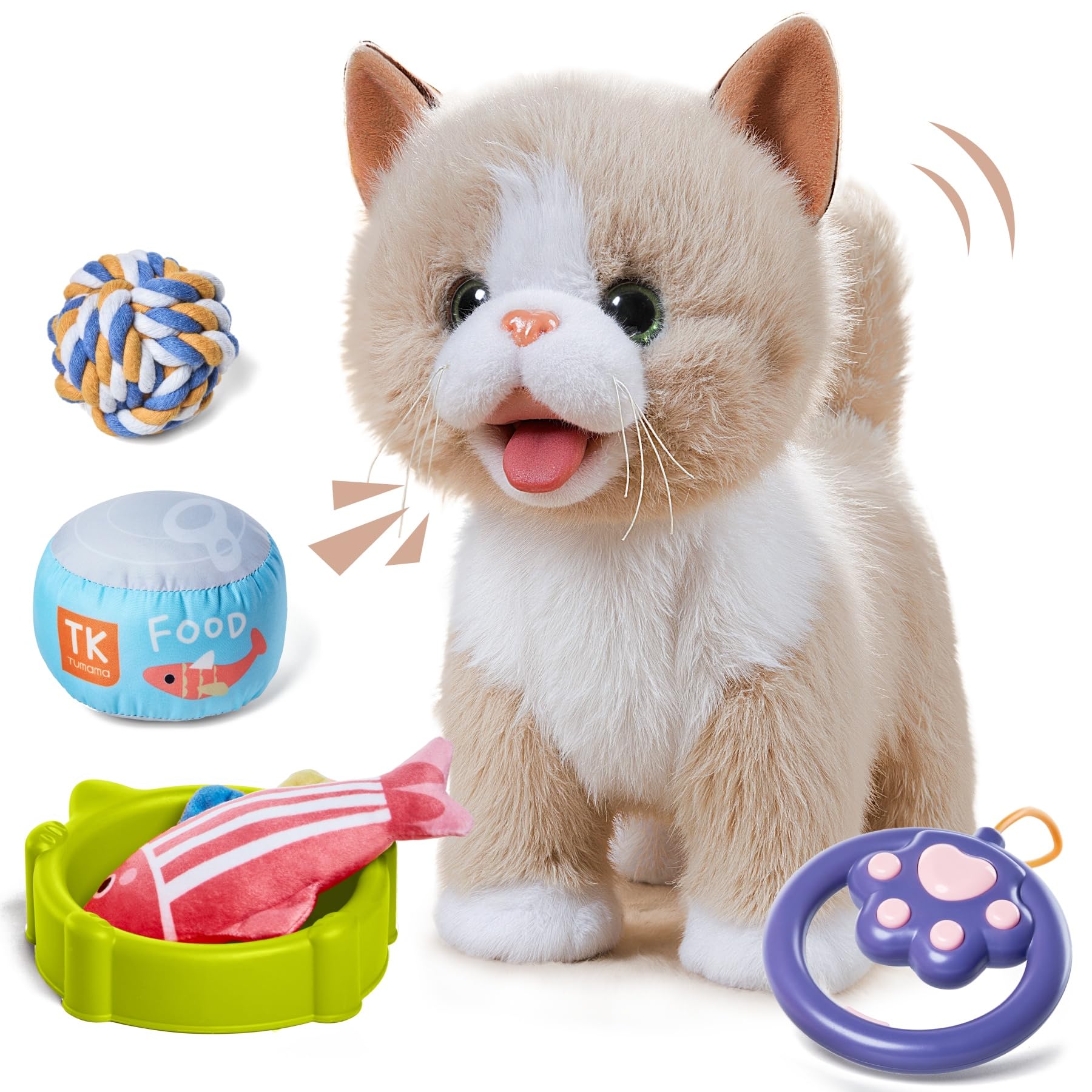 TUMAMA Interactive Cat Toy for Children, Cuddly Toy Kittens with Remote Control Lead Running and Barking, Plush Toy Electronic Kitten Pet from 3 4 5 6 - Walking, Meowing, Tail Wagging