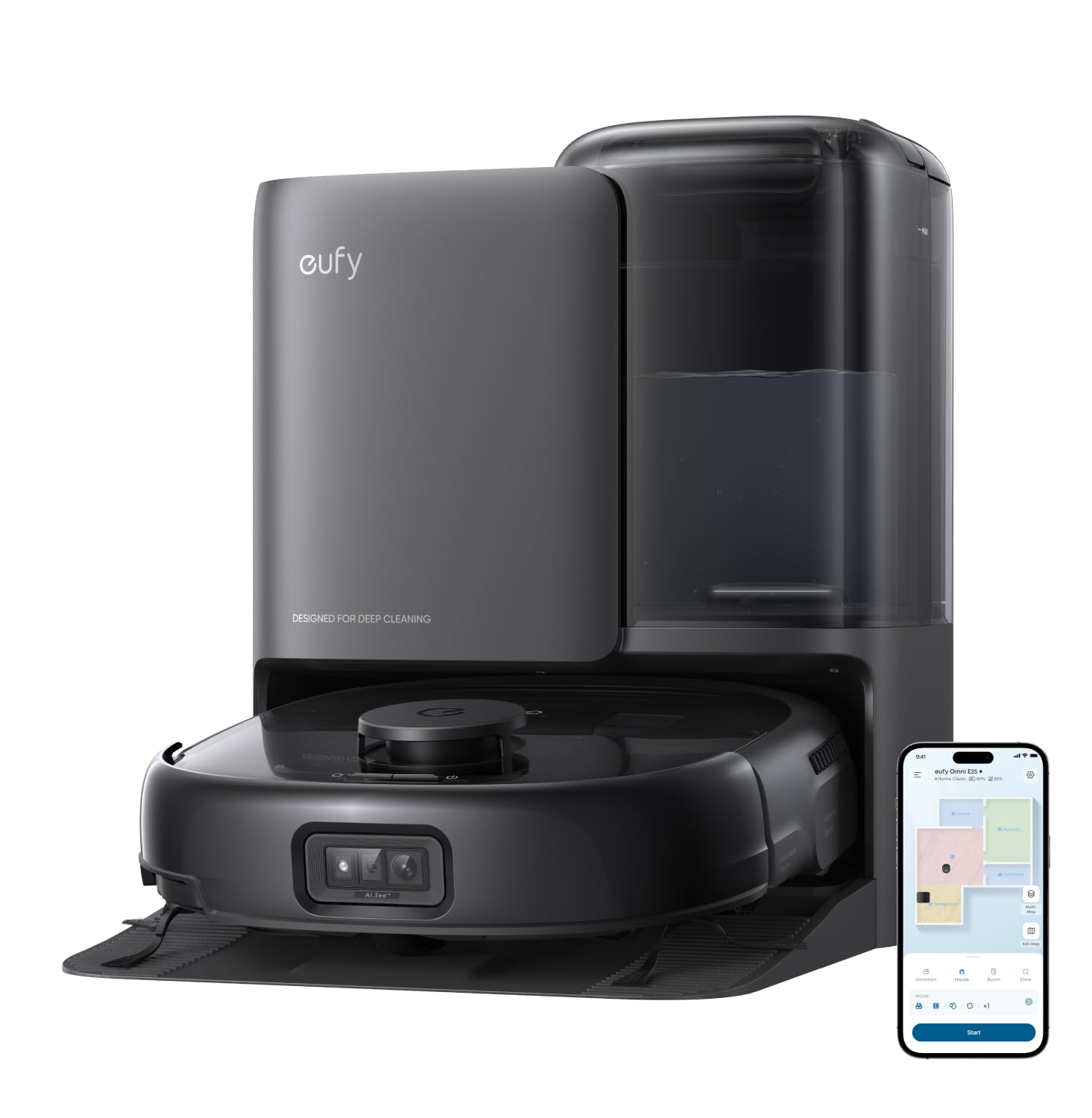 مکنده برقی رباتیک eufy E25 Omni با مپ، سیستم HydroJet، مکش قدرتمند توربویی 20،000 پاسکال، بدون گره خوردن، تمیزکاری عمیق از گوشه تا لبه و بلند کردن مپ، با ایستگاه خودکار همه در یکی