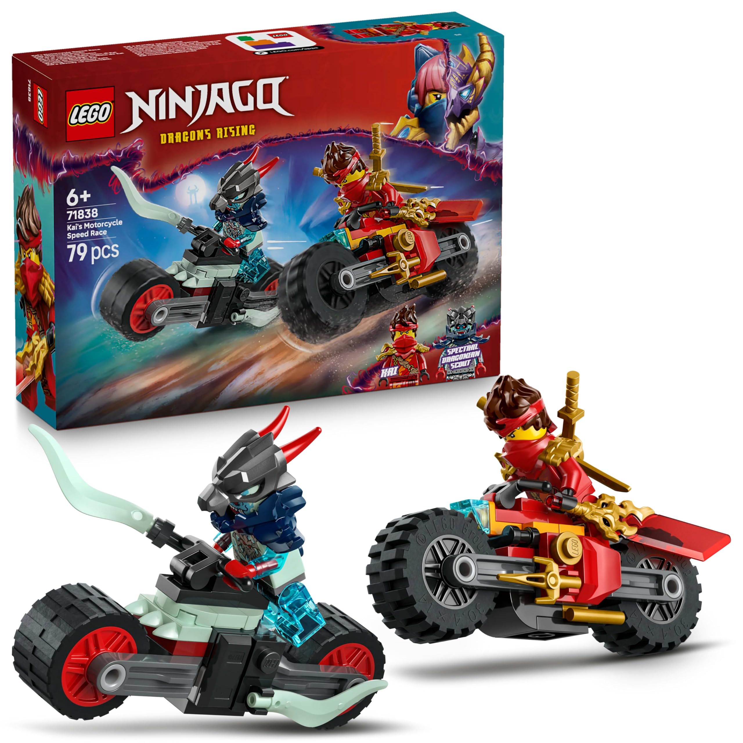مجموعه LEGO NINJAGO مسابقه سرعت موتور موتور Kai - 2 اسباب بازی موتور موتور نینجا با چرخ های چرخان و همچنین 2 Minifigures با دستگاه های اسلحه - هدیه برای پسران 6 ساله و طرفداران Dragons Rising - 71838