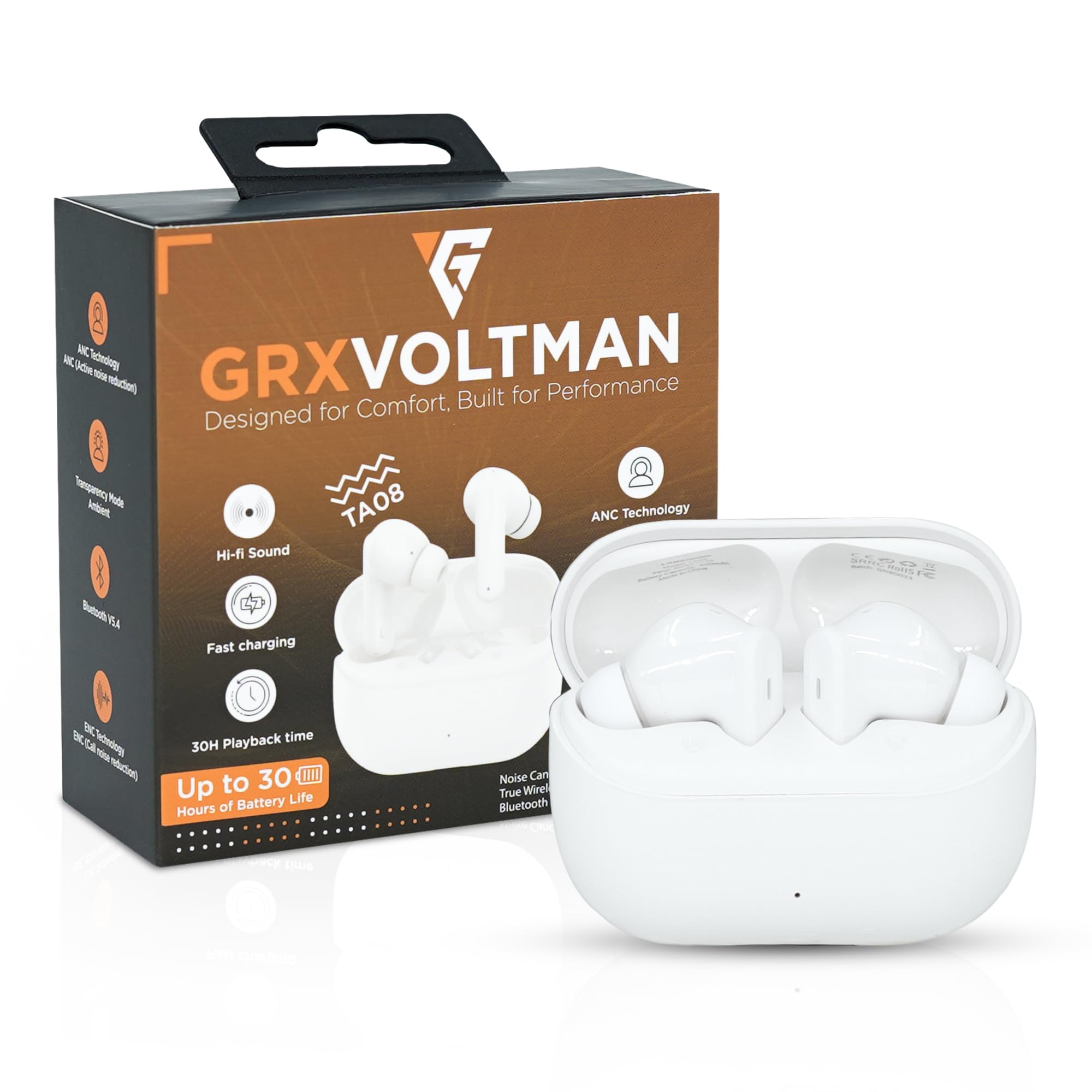گوشی‌های بی‌سیم GRXOLTMAN TA08، هدفون‌های بی‌سیم بلوتوث V5.4، با قابلیت کاهش فعال نویز، هدفون‌های بی‌سیم سفید، با عمر باتری تا ۳۰ ساعت، کیفیت صدای ویژه