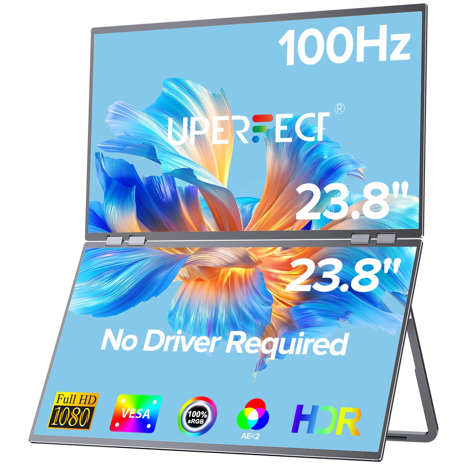 UPERFECT دلتا 23.8 " 100 هرتز دو مانیتور قابل حمل برای افزایش صفحه نمایش لپ تاپ 1080P HDR 360 درجه تاشونده مانیتور سه گانه با استند و VESA برای لپ تاپ PC تلفن کنسول بازی (راننده لازم نیست) با 23.8 " دوگانه 100 هرتز