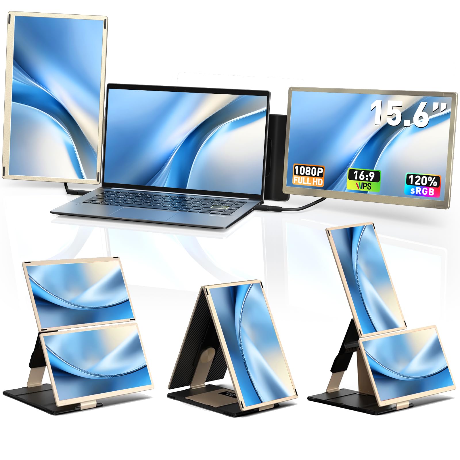 تکه  سه گانه صفحه نمایش لپ تاپ - صفحه نمایش 15.6 اینچی IPS FHD 1080P قابل جدا شدن برای لپ تاپ‌های 13 تا 17.4 اینچی سازگار با ویندوز، مک، کروم، سرفیس پایه فلزی حمل‌و‌نقل انجام کار راه‌اندازی S6