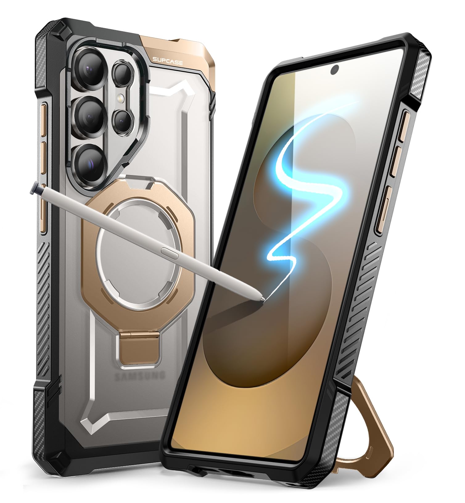 کیس SUPCASE برای گوشی سامسونگ Galaxy S25 Ultra با استند (تیز شاخ‌یک‌تاک)، [سوزن دوستانه] [سازگار با مگ‌سیف] [حفاظت نظامی] کیس تلفن با پشت مگنتی و شفاف، رزگلد