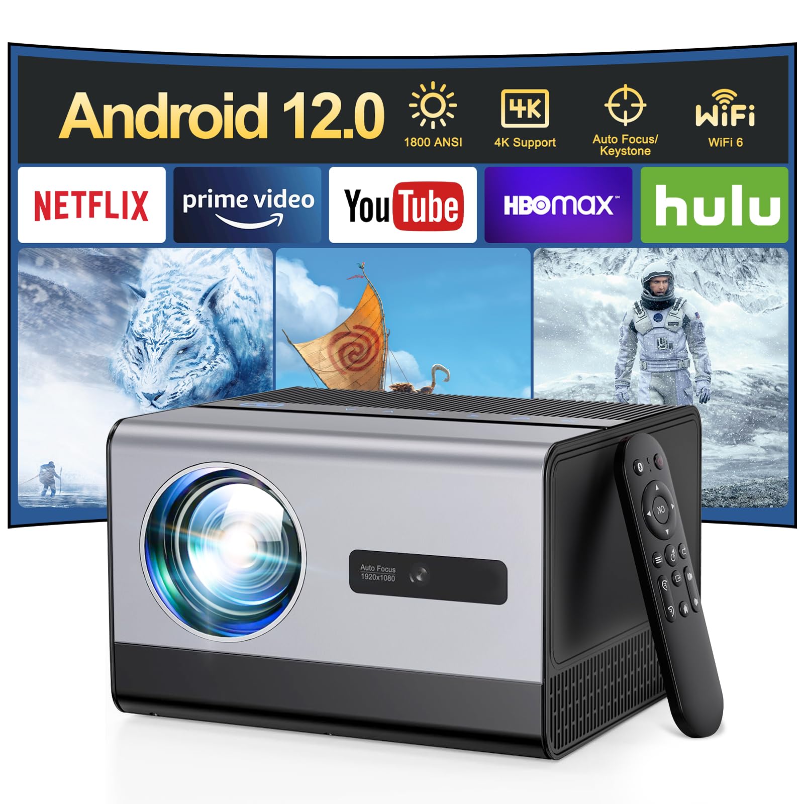 پروژکتور SAEJLLP [1800 ANSI و Android TV] با WiFi و بلوتوث، پشتیبانی از کیفیت تصویر 1080P و 4K، فوکوس خودکار و کی‌استون، زوم 50% برای تئاتر خارجی در اتاق خواب/iOS/Android/PPT