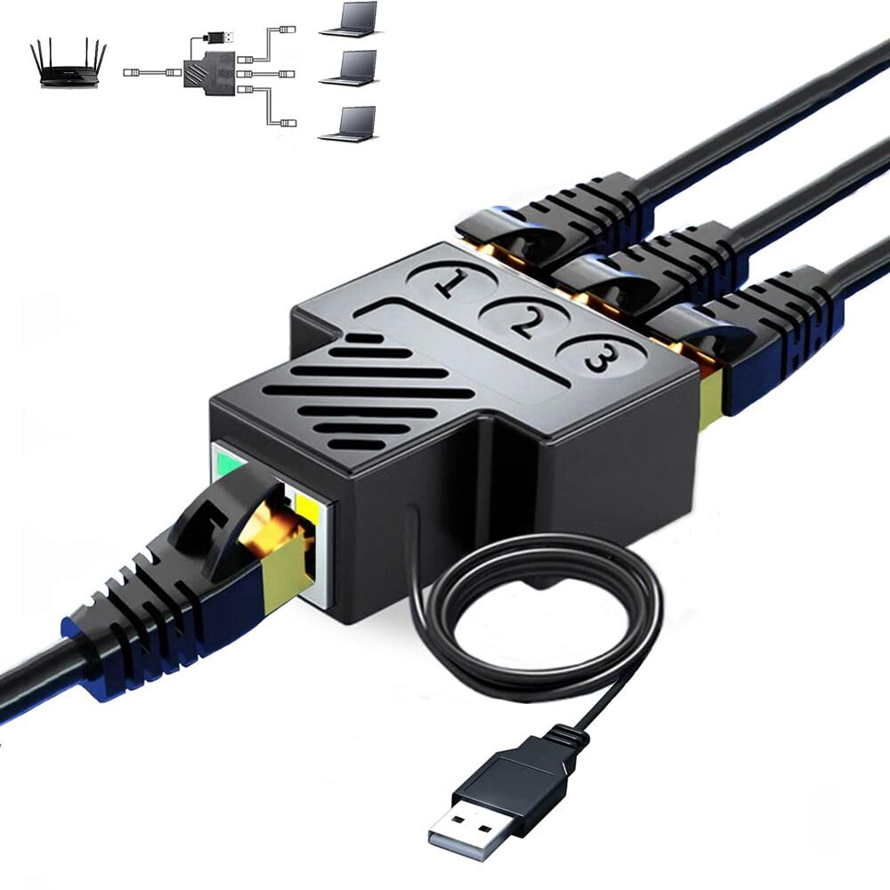 ترجمه: آداپتور تقسیم کننده اترنت RJ45، تقسیم کننده اترنت 1 به 3، گسترش شبکه با کابل برق USB سرعت اینترنت 100 مگابیت بر ثانیه افزایش دهنده 8P8C پلاگین اینترفیس LAN برای Cat5/6/7/8