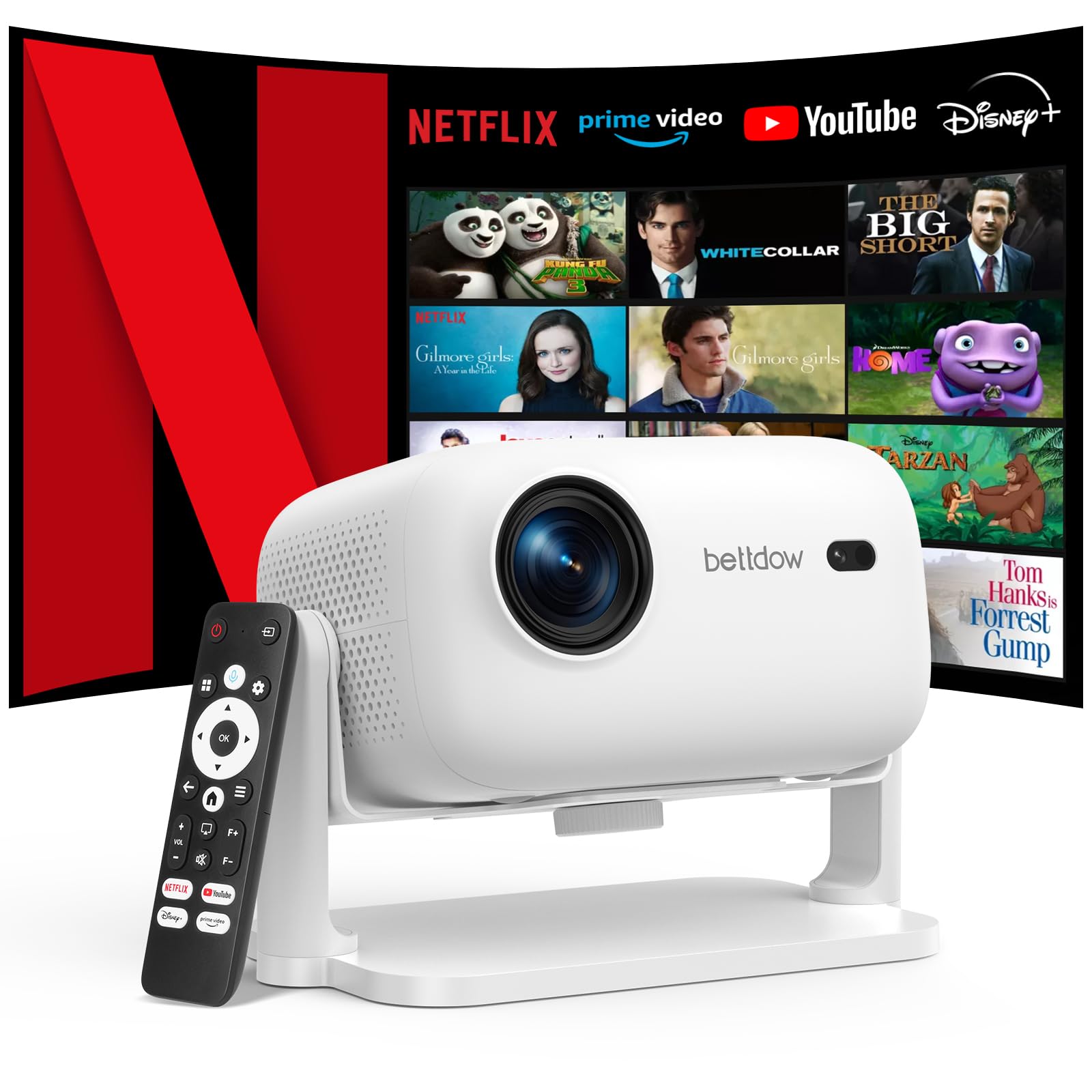 پروژکتور 4K Bettdow [Netflix رسمی]، پروژکتور هوشمند 1080P کاملاً مهربان مجهز به فوکوس خودکار/اصلاح تراپزوئید، WiFi6 و بلوتوث 5.2، پروژکتور HDR 10/10+ برای تئاتر خانگی، سفید