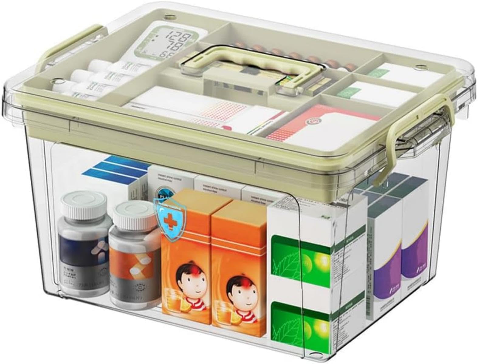 جعبه‌ی نگهداری پزشکی SKY-TOUCH Family Medicine: جعبه‌ی شفاف پلاستیکی با سینی برای سازماندهی ابزار با دستگیره‌، جعبه‌ی چندمنظوره برای دارو، اسباب بازی، ابزارها، لوازم اداری (ابعاد: ۳۷ * ۲۶ * ۲۰ سانتی‌متر، رنگ بژ) بزرگ