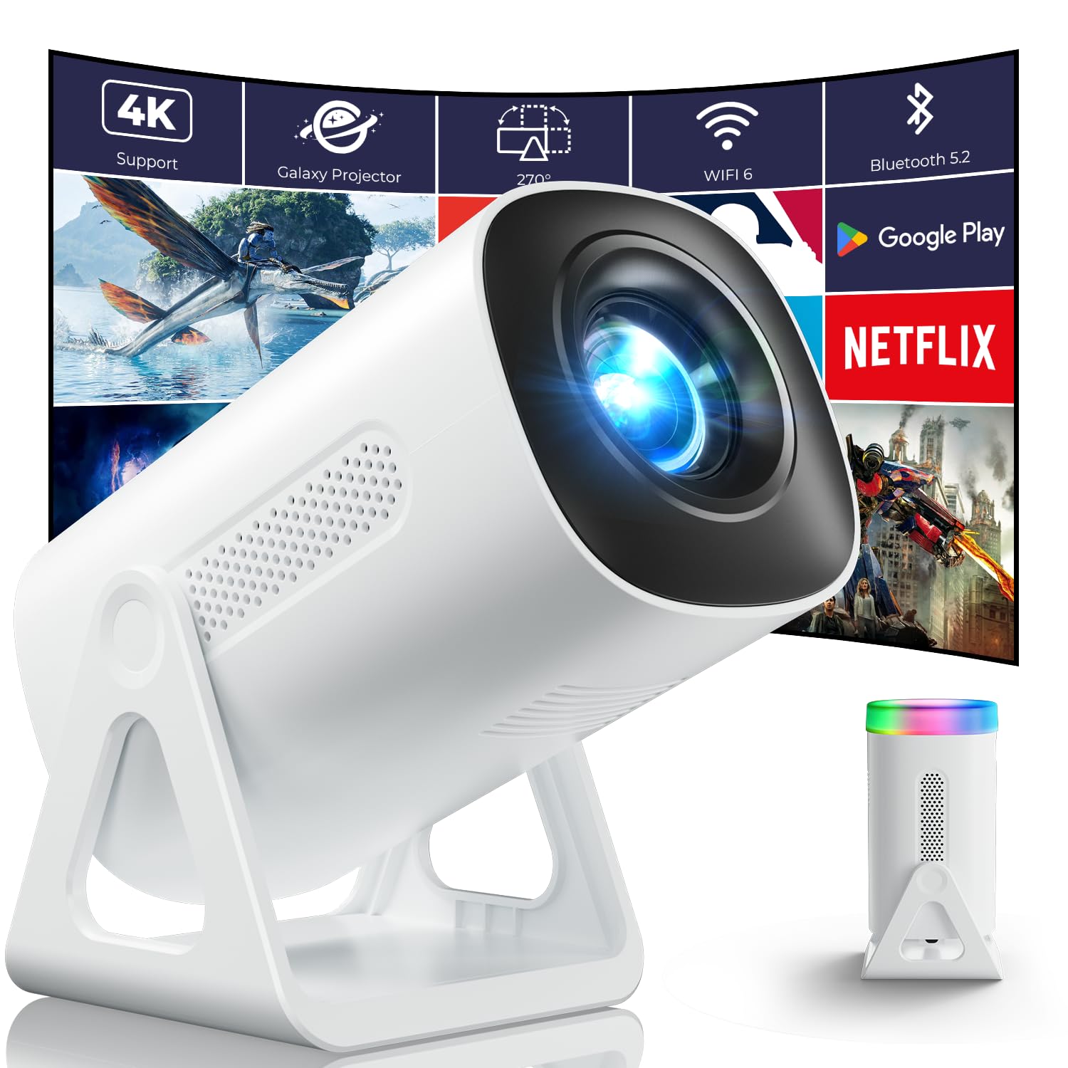 OPOQO پروژکتور مینی 4K با وای فای و بلوتوث، پشتیبانی از Full HD 1080P، پروژکتور قابل حمل 270 درجه برای محیط خارجی برای TV Stick/تلفن هوشمند/HDMI/USB