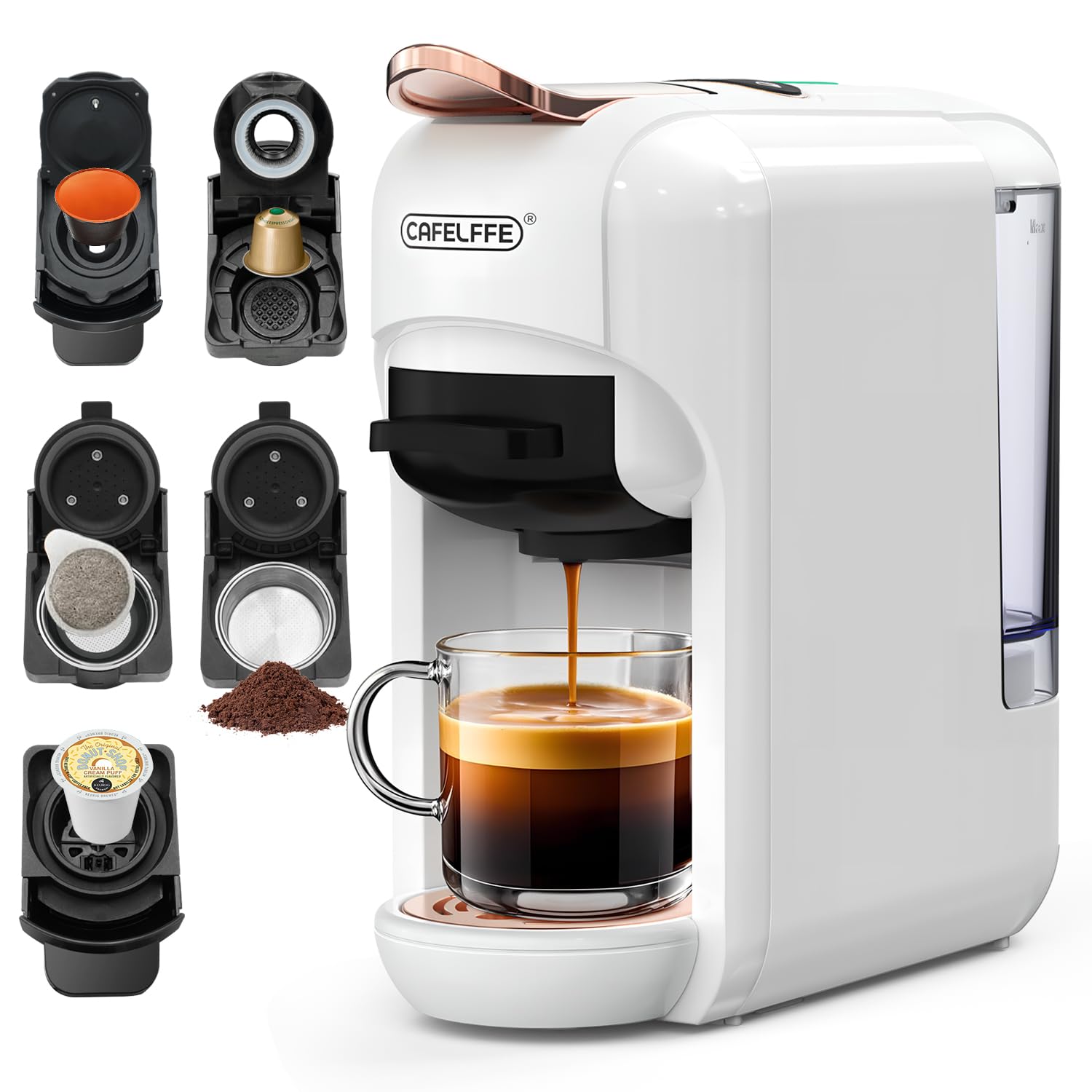 ماشین قهوه ساز کپسولی خودکار Cafelffe 5-In-1 با قابلیت تهیه قهوه گرم و سرد و اسپرسو دارای فشار 19Bar با 7 سطح حجم قهوه برای کپسول DG*، کپسول Nes*، کاپ، پاد ESE و پودر - رنگ سفید