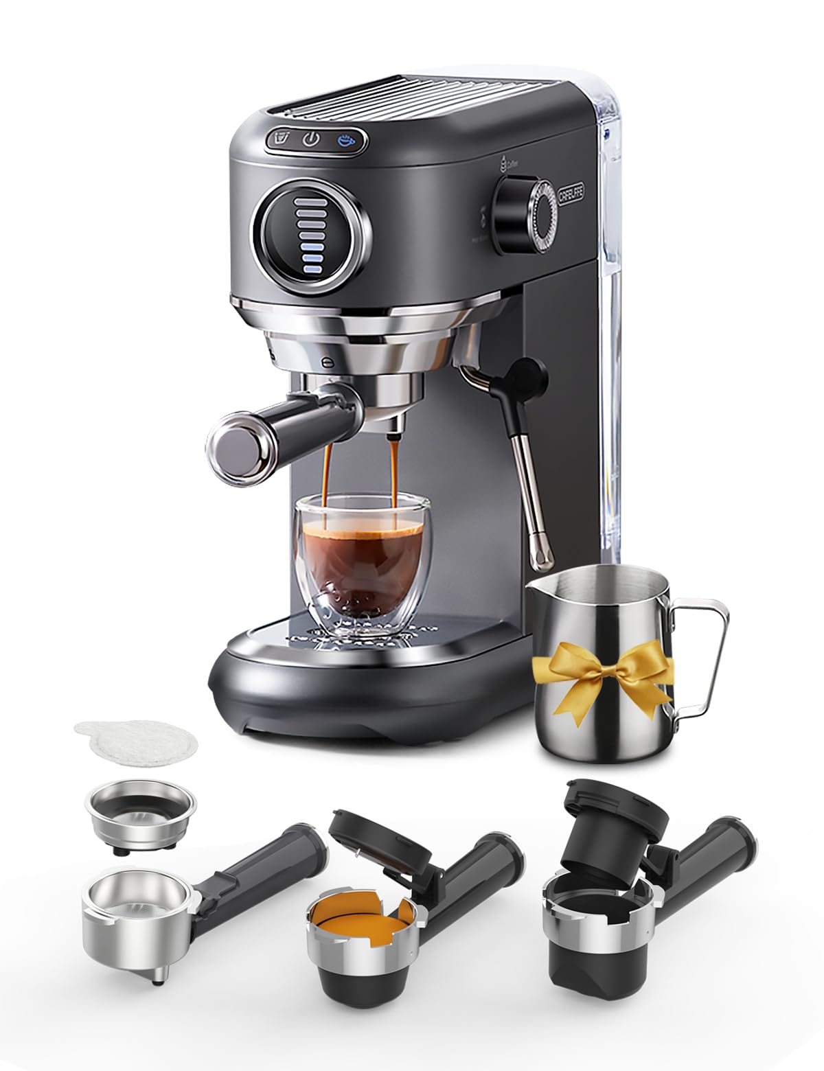 ماشین قهوه اسپرسو CAFELIFE 4-In-1 با مخلوط کن شیر، دستگاه کاپوچینو 19 بار با تنظیم حجم قهوه به صورت تصویری با ۷ سطح قابل تنظیم برای کپسول‌های Nes* و DG*، پادهای ESE و پودر 1450 وات رنگ خاکستری