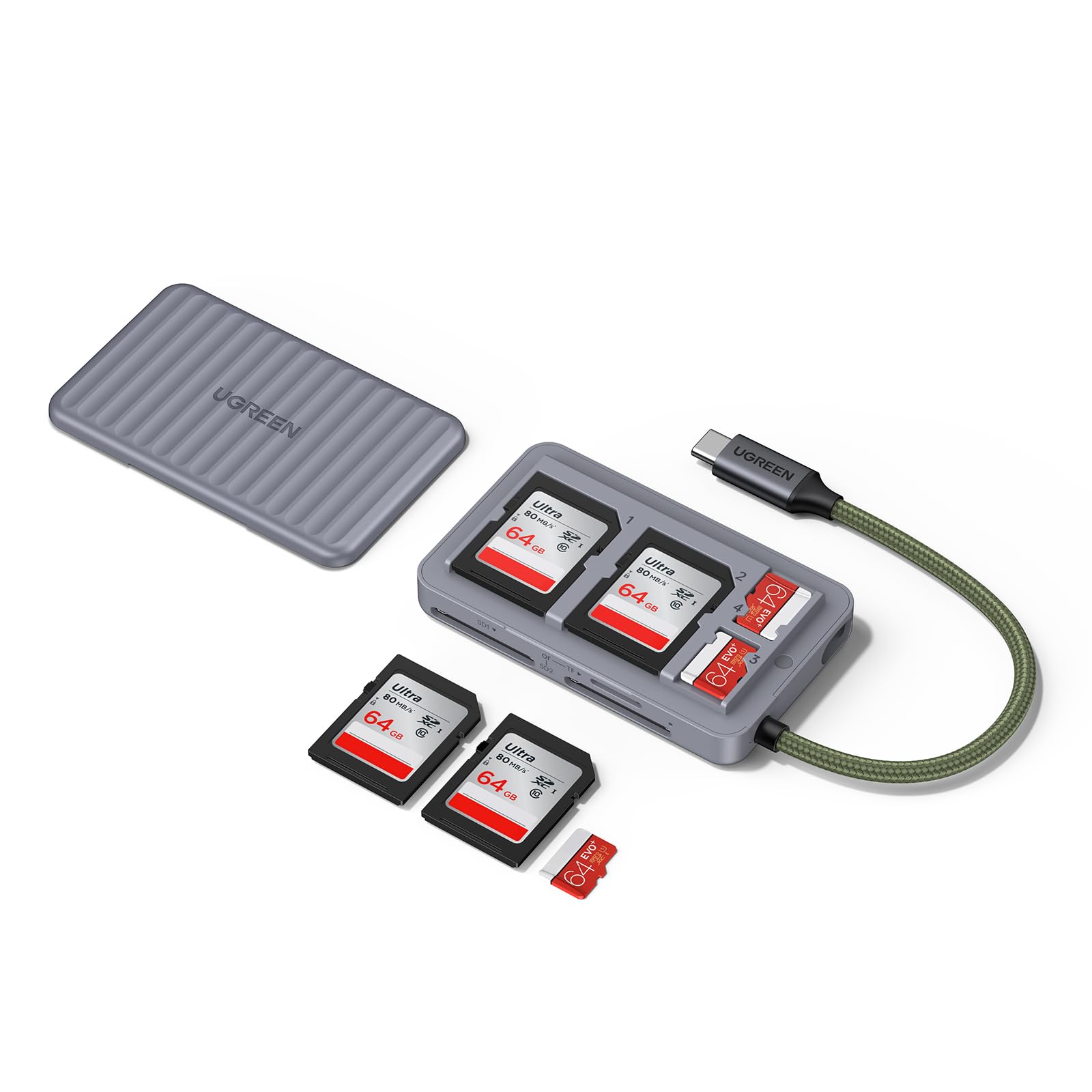 UGREEN USB C خواننده کارت حافظه SD با ذخیره‌سازی کارت SD، آداپتور خواننده کارت حافظه با سرعت بالا و دارای چهار محفظه نگهداری کارت برای دوربین‌ها کارت SD/Micro SD مناسب برای آیفون 17، گالاکسی و غیره