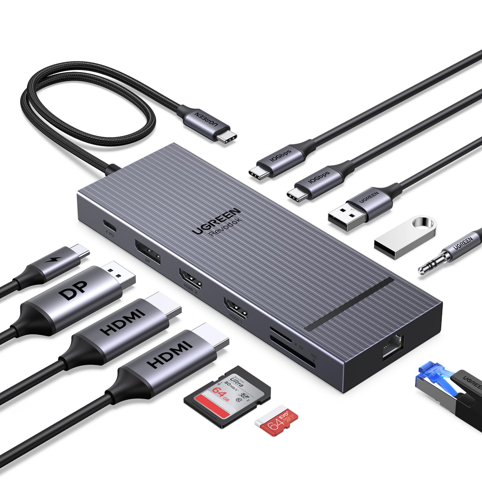 اسیستانسی زمینه‌ای UGREEN ۱۲ در ۱ برای سه مانیتور، HDMI ۴K@۶۰Hz، DP ۴K@۱۲۰Hz، HDMI+DP+خواننده SD/TF/RJ45