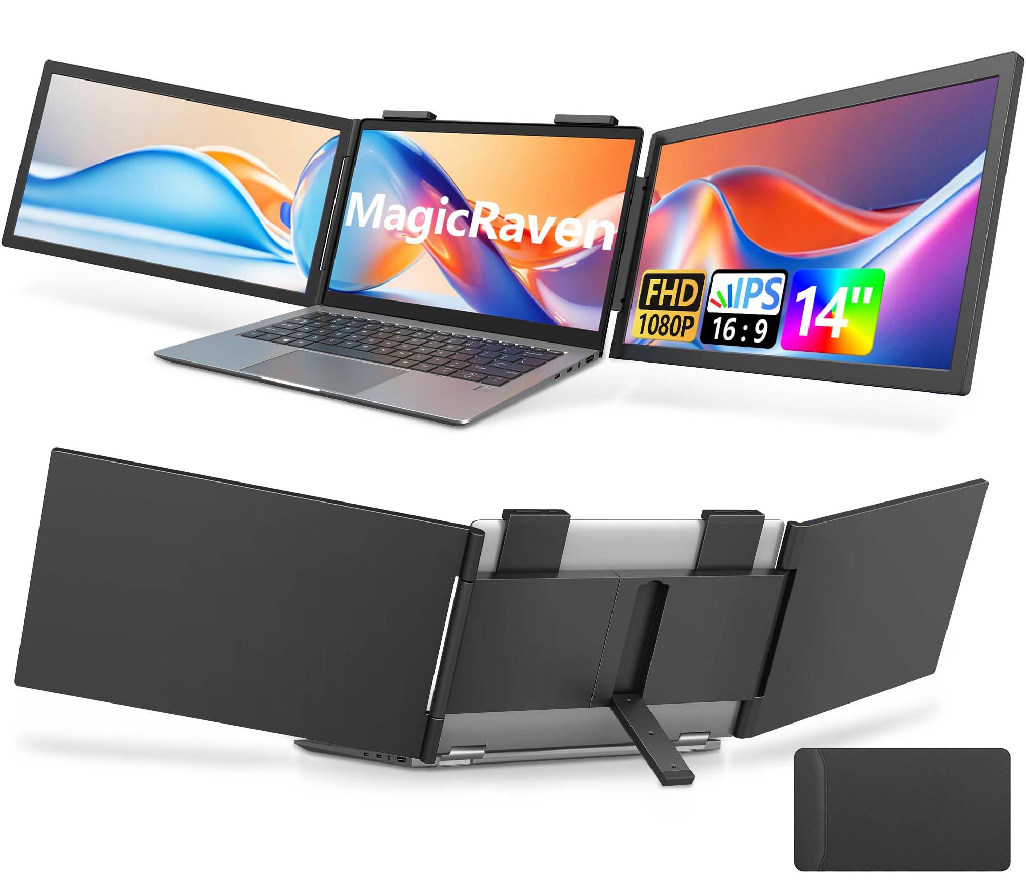 صفحه نمایش دوگانه MAGICRAVEN، تقویت کننده صفحه نمایش لپ تاپ، 14 اینچ، 1080P IPS، صفحه نمایش سه‌گانه قابل حمل برای لپ تاپ‌های 14-16.5 اینچی با پورت USB-C، پلاگ اند پلی، صفحه نمایش اضافی برای ویندوز/مک/اندروید/سوئیچ/پلی استیشن 5/ایکس باکس