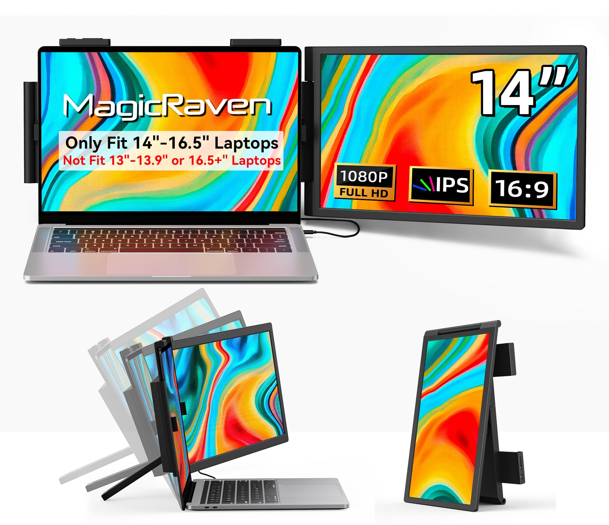 افزاینده صفحه نمایش لپ تاپ MAGICRAVEN، مانیتور قابل حمل IPS 1080P 14 اینچی برای سفر برای لپ تاپ‌های ۱۴-۱۶.۵ اینچی با پورت USB-C/HDMI، مانیتور پیوستن و پخش برای ویندوز/مک/اندروید/سوئیچ/پلی‌استیشن ۵/ایکس باکس A9-14"-1080P-60Hz