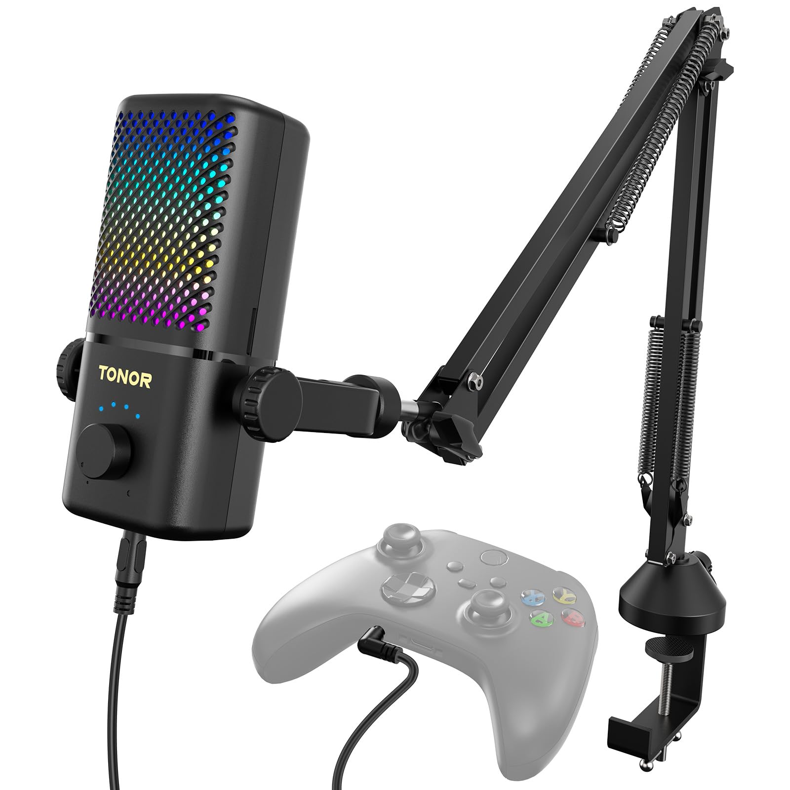 میکرفون بازی TONOR TCX3+ سازگار با ایکس باکس، میکروفون استریم RGB با بازوی بوم، عمر باتری ۳۰ ساعت، کم‌صدا، مانیتورینگ، کنترل گین، سکوت سریع با یک ضربه، شارژ سریع، سازگار با کارت گرفتن تصاویر، رنگ سیاه