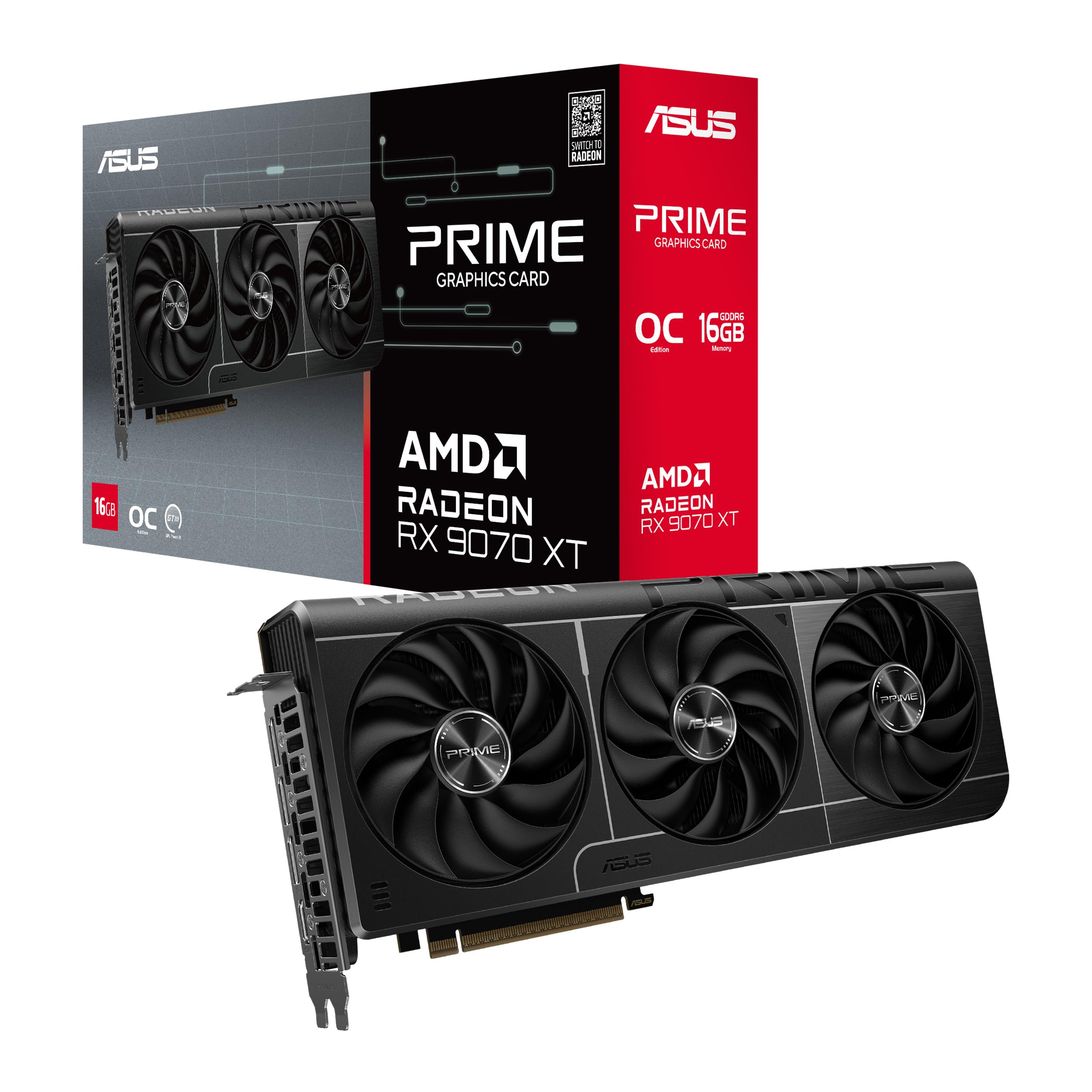 کارت گرافیک ASUS Prime Radeon™ RX 9070 XT OC Edition (PCIe 5.0، HDMI/DP 2.1، طراحی 2.5-اسلات، فن‌های axial-tech، بلبرینگ دوگانه توپی فن، دو BIOS، محافظ GPU)