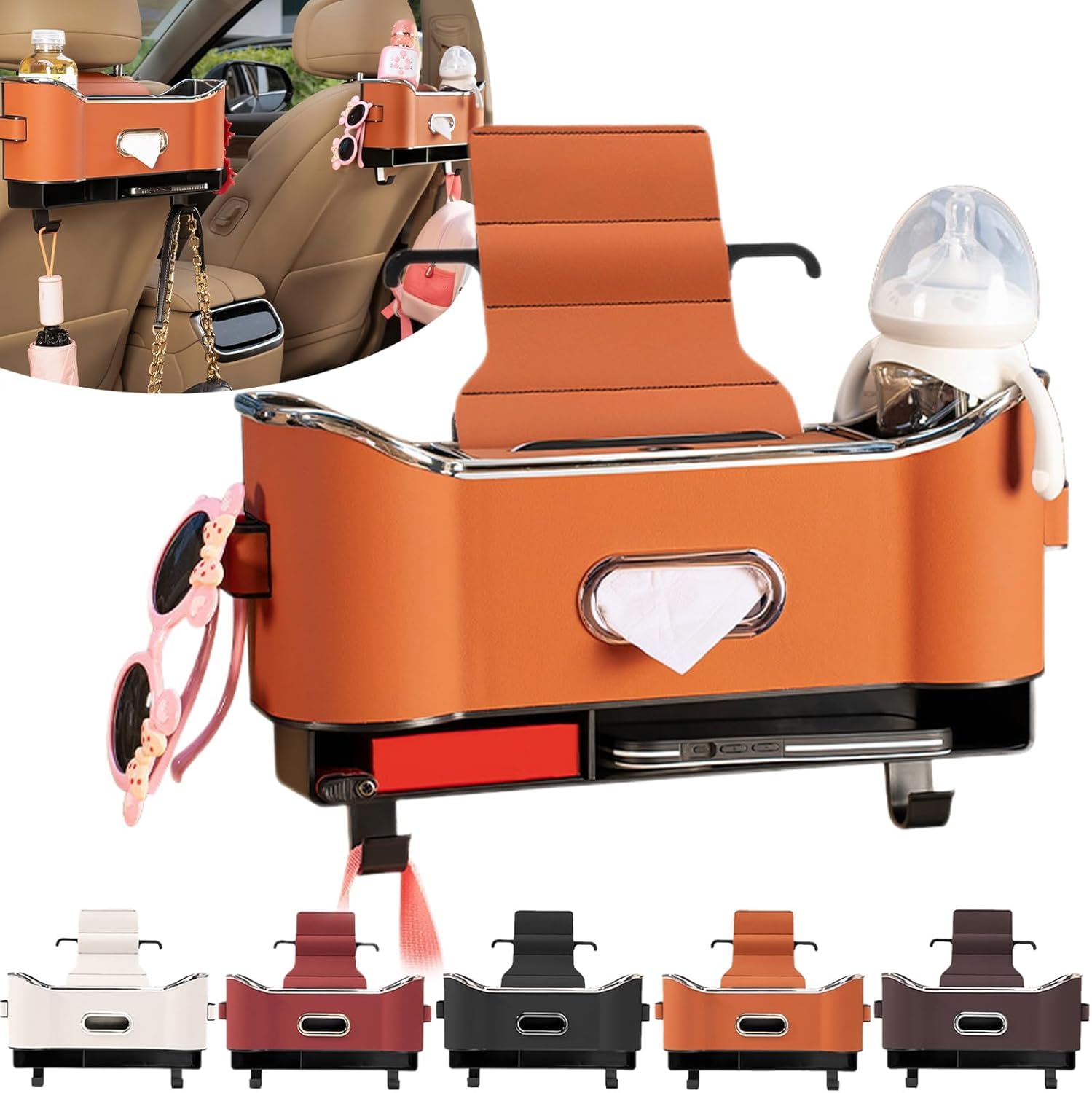 کیسه پشت صندلی، جعبه ذخیره‌سازی چندکاره صندلی خودرو، جعبه ذخیره‌سازی دستمال صندلی خودرو، جعبه ذخیره‌سازی یونیورسال صندلی خودرو، سازماندهی‌کننده دستمال صندلی عقب خودرو با 2 نگهدارنده لیوان (نارنجی)