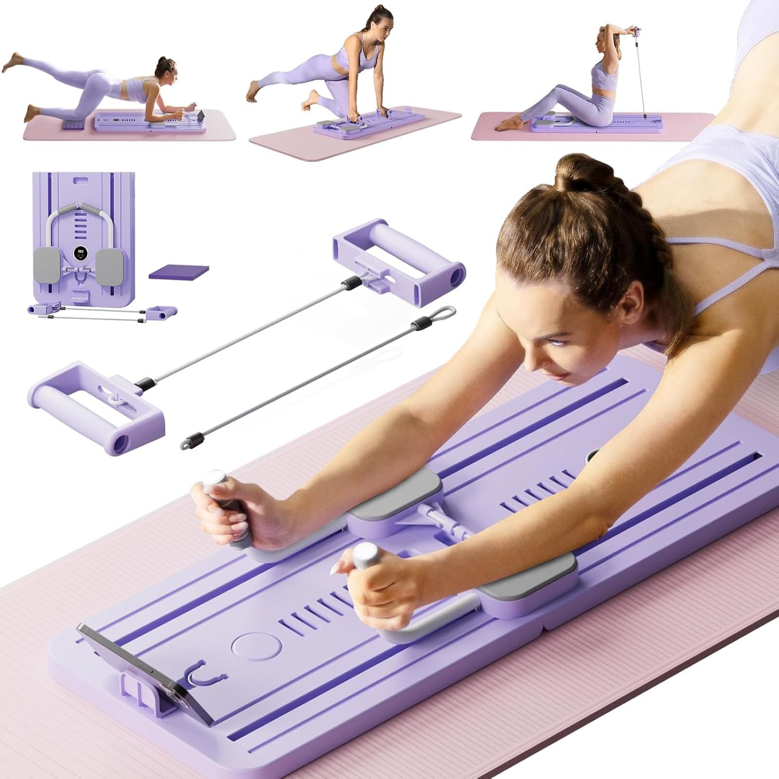 مجموعه ماشین تمرینی Pilates Board Reformer Set Multifuncional با صفحه Pilates Board Ab Roller Wheel، تخته تمرینی Rebound اتوماتیک با بند مقاومتی و تایمر (بنفش)