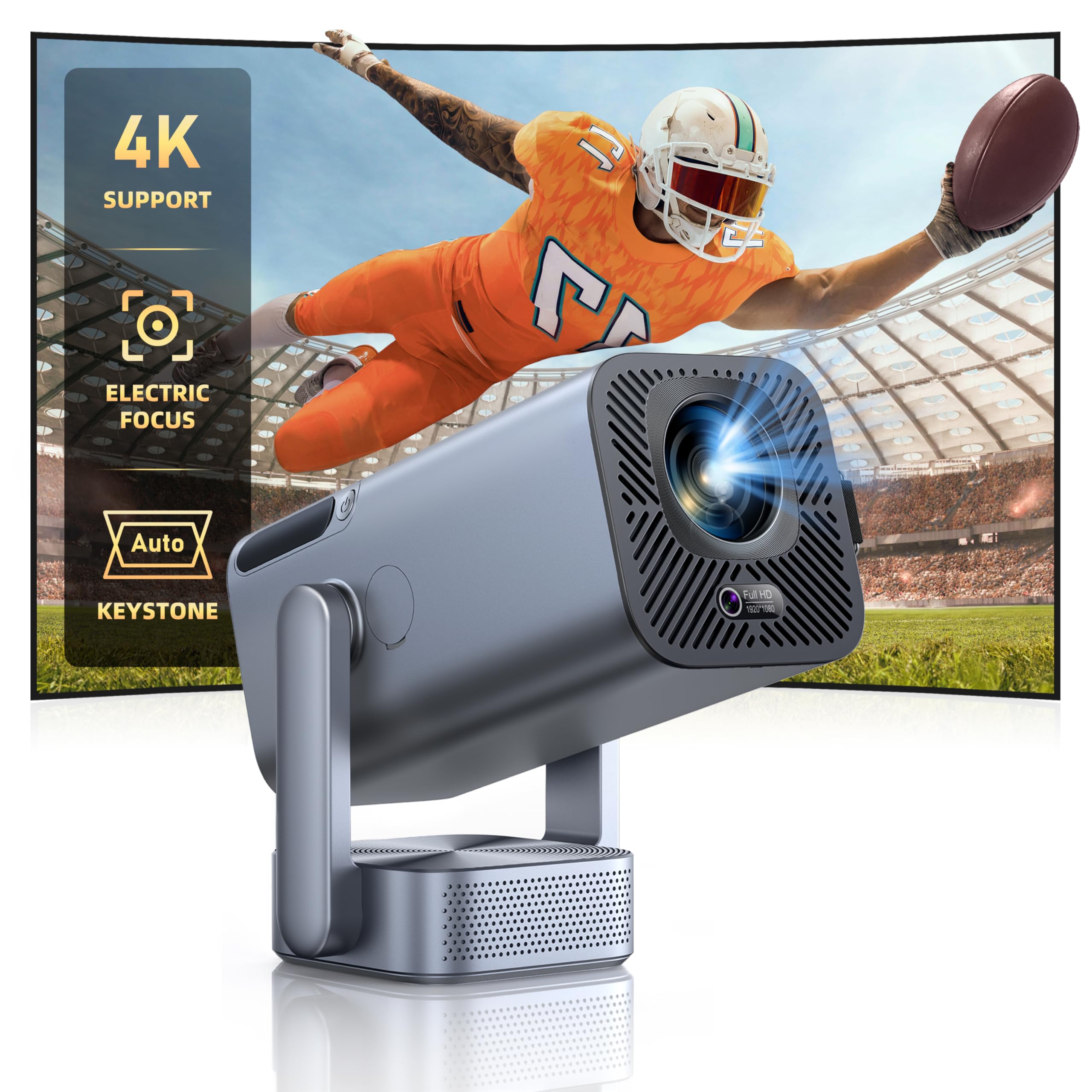 پروژکتور Mini-Projector با قابلیت تنظیم 270 درجه / فوکوس الکتریکی / 600 ANSI با WiFi و بلوتوث، پروژکتور فیلم خارجی قابل حمل با کیفیت تصویر اصلی ۱۰۸۰P ۴K، کی‌استون عمودی خودکار، TOPTRO Smart Proyector برای تلفن / TV Stick نقره‌ای