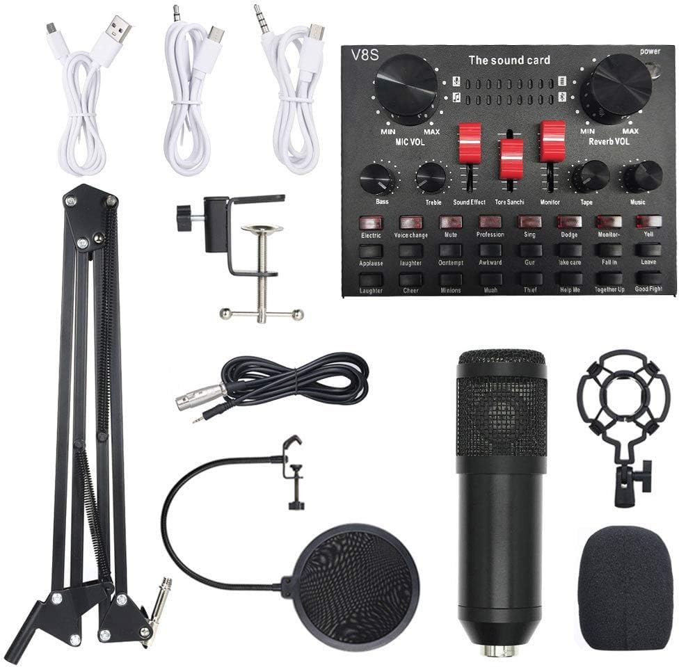 کیت میکروفون استریمینگ حرفه ای با کارت صدای V8S، بازوی قابل تنظیم، فیلتر صدا، نگهدارنده شوک، کابل ها، رنگ مشکی