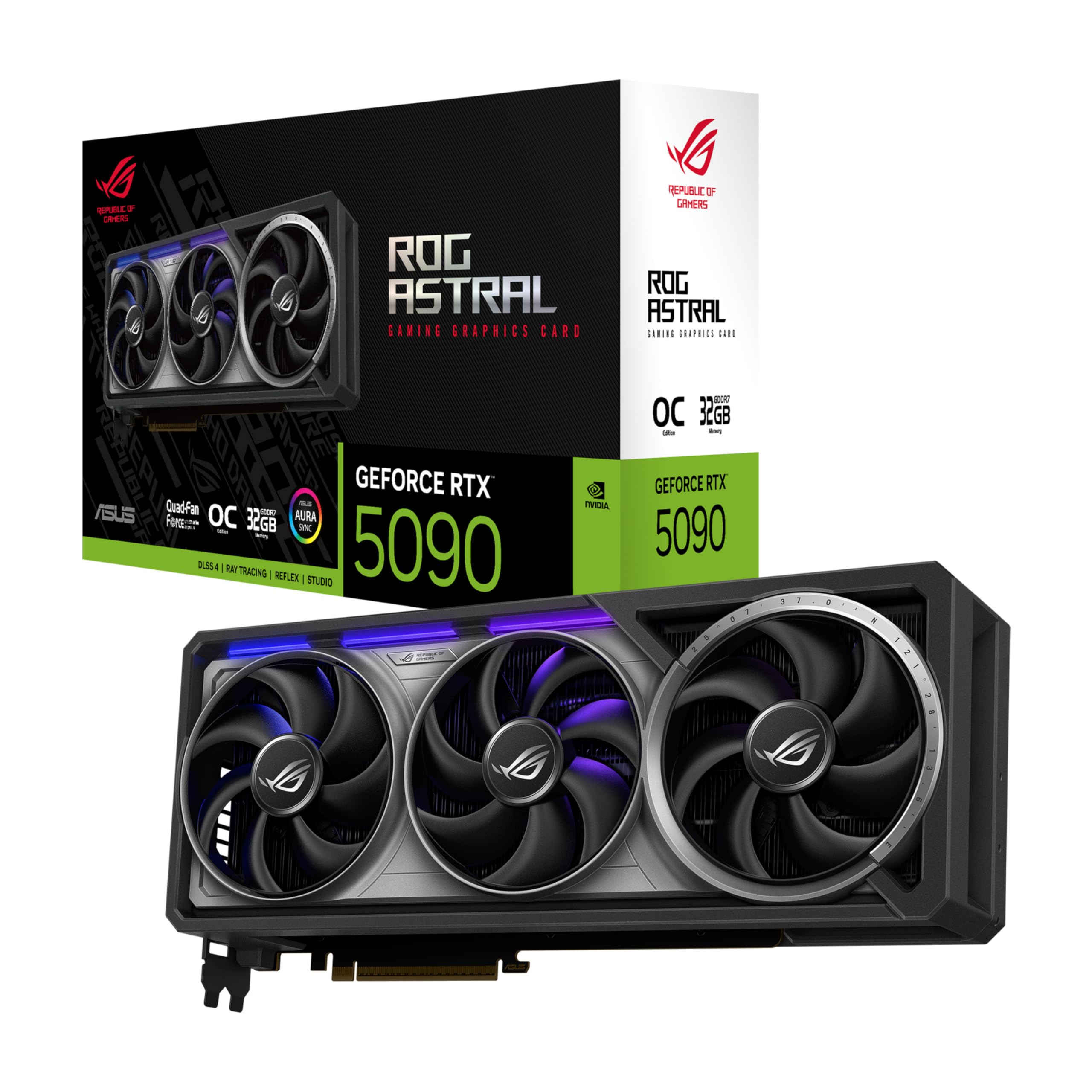 کارت گرافیک ASUS ROG Astral GeForce RTX™ 5090 OC Edition Gaming (PCIe® 5.0, 32GB GDDR7, HDMI®/DP 2.1, 3.8 سلات, طراحی 4 فن, فن های Axial-tech, واپور چمبر دارای پتنت, مه دوار gpu فاز-چین پد)