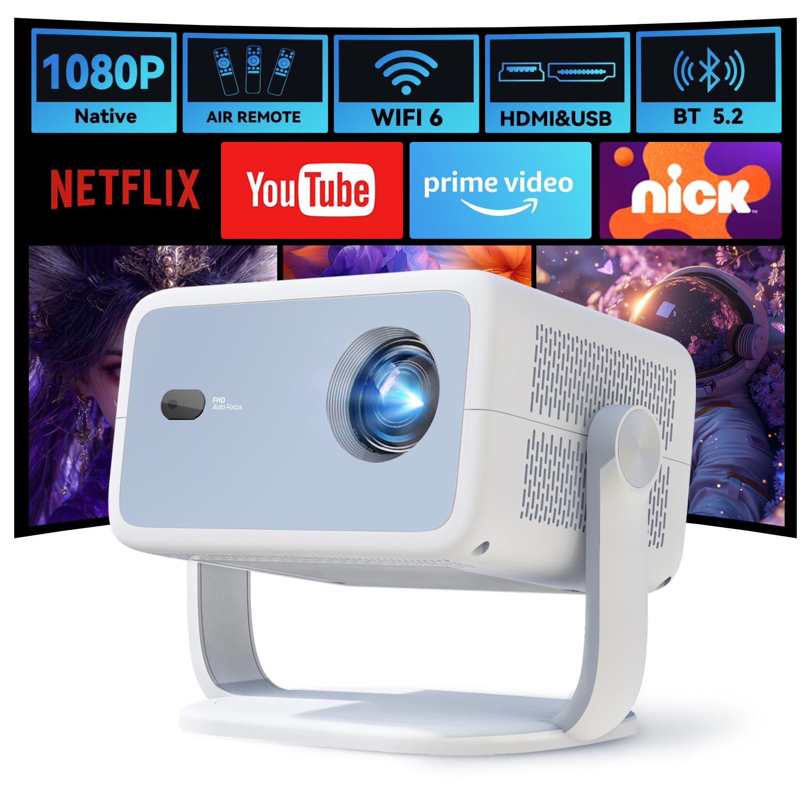 پروژکتور قابل حمل با وای فای و بلوتوث【800ANSI و Android TV】، LYNCAST چرخش 360 درجه ، پروژکتور فضای باز ۱۰۸۰P اصلی با فوکوس خودکار و مانع زدایی و بلندگوی ۳۰ وات برای استفاده در خانه / فضای باز L018 PRO
