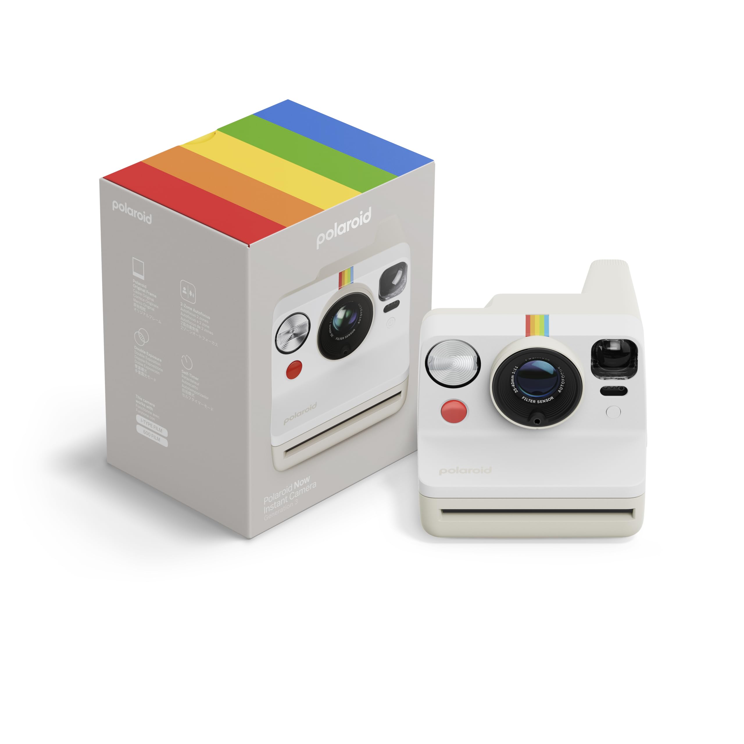 معرفی دوربین فیلم فوری Polaroid Now نسل سوم I-Type - رنگ سنگ ریزه سفید - تنها دوربین بدون فیلم (9155) | دو لنز اتوفوکوس، شارژ USB-C، سازگار با فیلم I-Type و 600، خودتایمر و دابل اکسپوژر