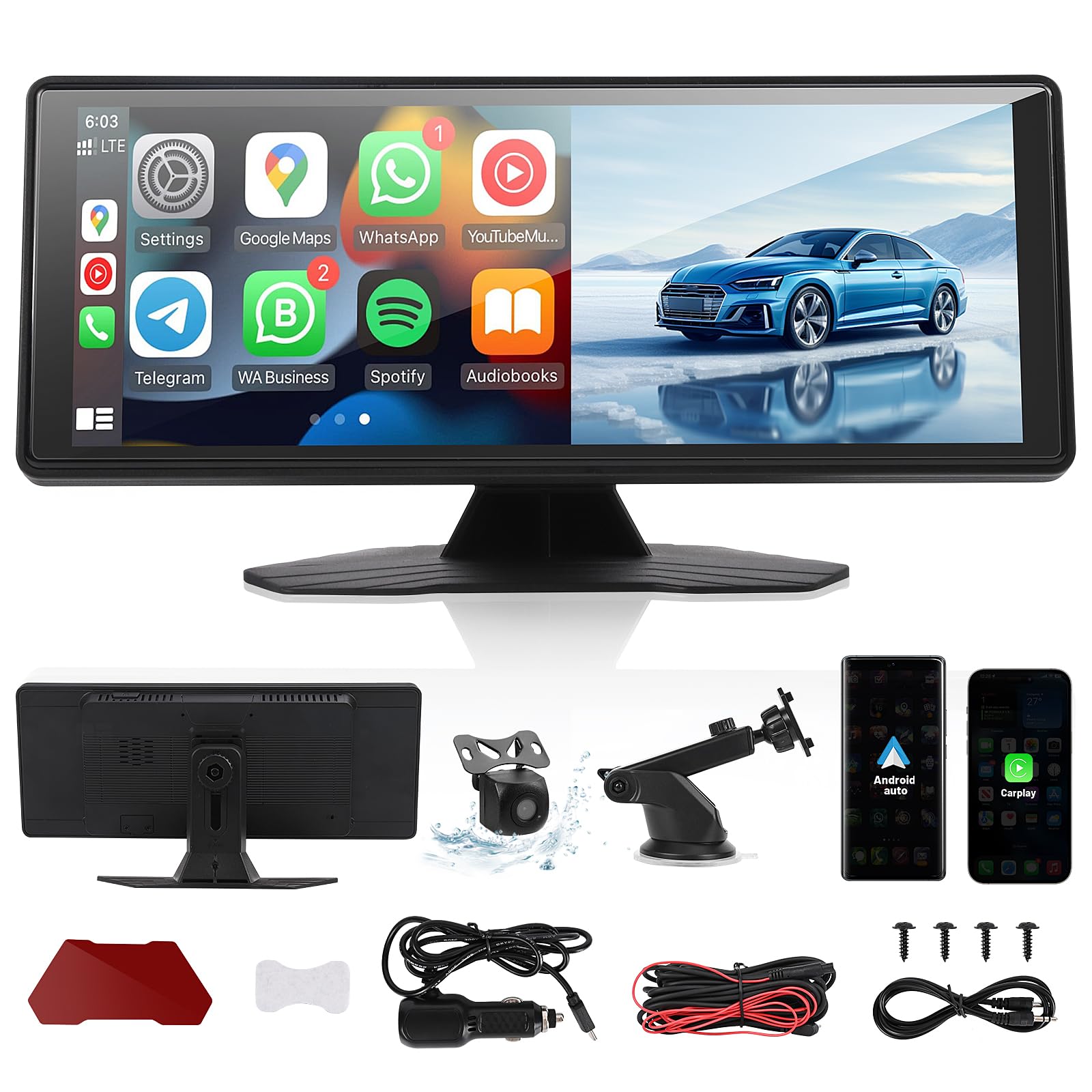سازگار با CarPlay بی‌سیم Apple و Android، رادیو خودرو قابل حمل، صفحه لمسی، صفحه نمایش IPS، دوربین منظر عقب ضدآب، بلوتوث، کنترل صدا (10.26 اینچ)