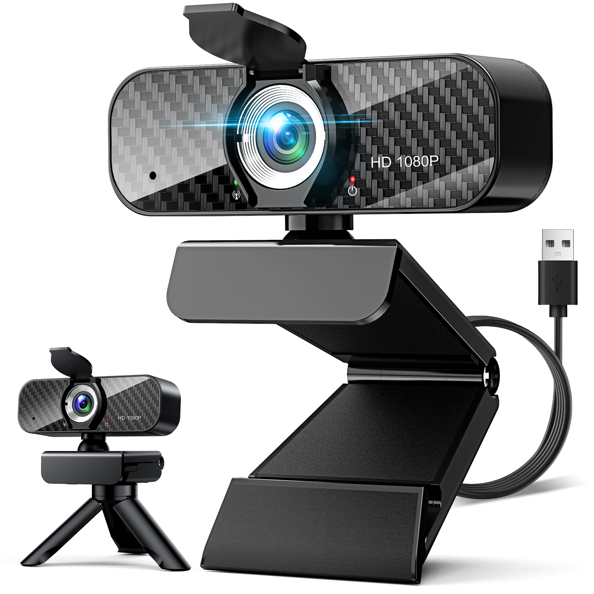 وب‌کم Full HD 1080P با میکروفون داخلی و تریپاد قابل چرخش، تخته کربن فیبر و پوشش حریم خصوصی، اصلاح نور خودکار، FOV قابل تنظیم، پلاگ اند پلی برای Zoom/Skype/Facetime/YouTube، لپ تاپ/کامپیوتر شخصی کربن فیبر مشکی