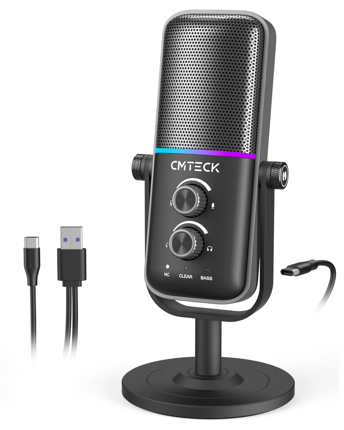 میکروفون بازی USB CMTECK، میکروفون کاندنسر برای کامپیوتر/لپ تاپ/پی‌اس۴/پی‌اس۵، چراغ‌های RGB، دکمه بی‌صدا، تقویت میکروفون، وصل و پخش، سه حالت صدا، مناسب برای ضبط و استریمینگ