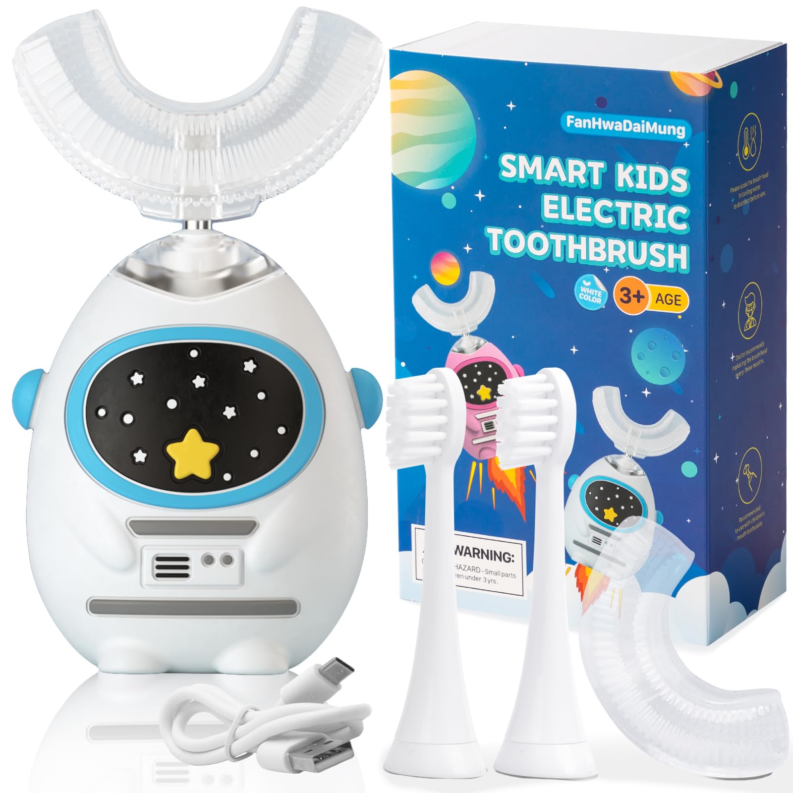 دستگاه خانه دندان دبانو برقی FanHwaDaiMung Kids U-Shaped، تمیزکننده عمیق 360 درجه، 3 حالت، یادگیری صدا، تایمر هوشمند 45 ثانیه، شارژ Type-C، ضدآب طراحی مردمک نما، مناسب برای افراد 3-12 سال (سفید قهوه‌ای قهوه‌ای) سفید قهوه‌ای 1 عدد (بسته 1 عدد)