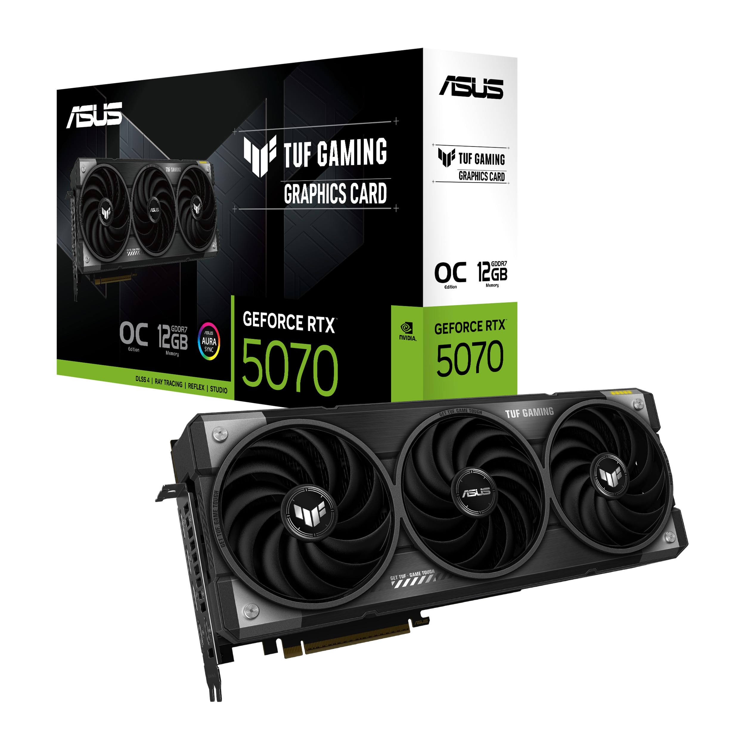 کارت گرافیک بازی ASUS TUF Gaming GeForce RTX ™ 5070 با حافظه 12 گیگابایت GDDR7 نسخه OC (PCIe® 5.0، HDMI®/DP 2.1، 3.125 اسلات، اجزای نظامی مقاوم، پوشش محافظ PCB، فن‌های axial-tech)
