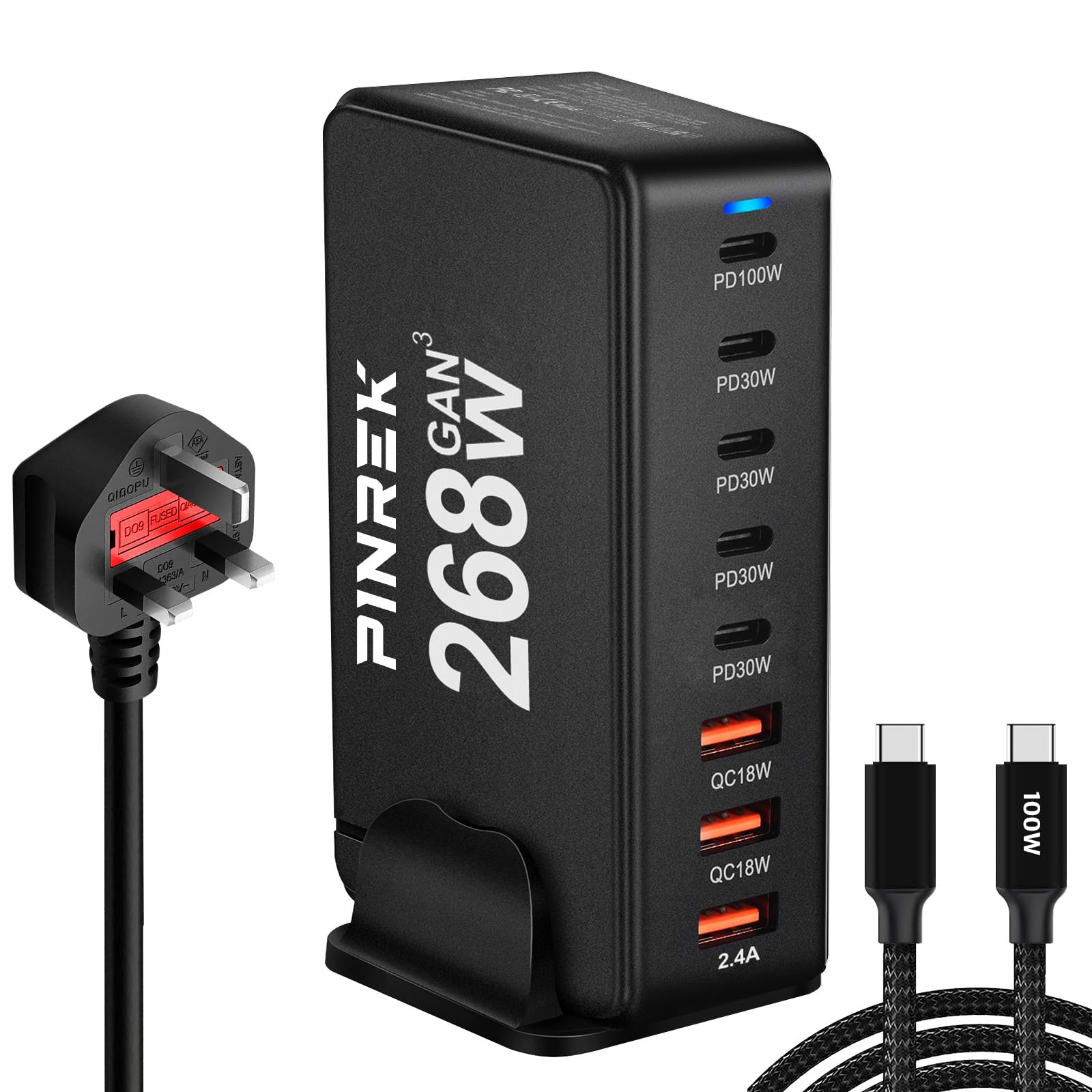 ایستگاه شارژ سریع ۸ پورت PINREK 268W: شارژر دسکتاپ PD 100W GaN Type-C و هاب شارژ USB برای مک‌بوک، آیفون، گلکسی، آیپد و لپتاپ‌ها