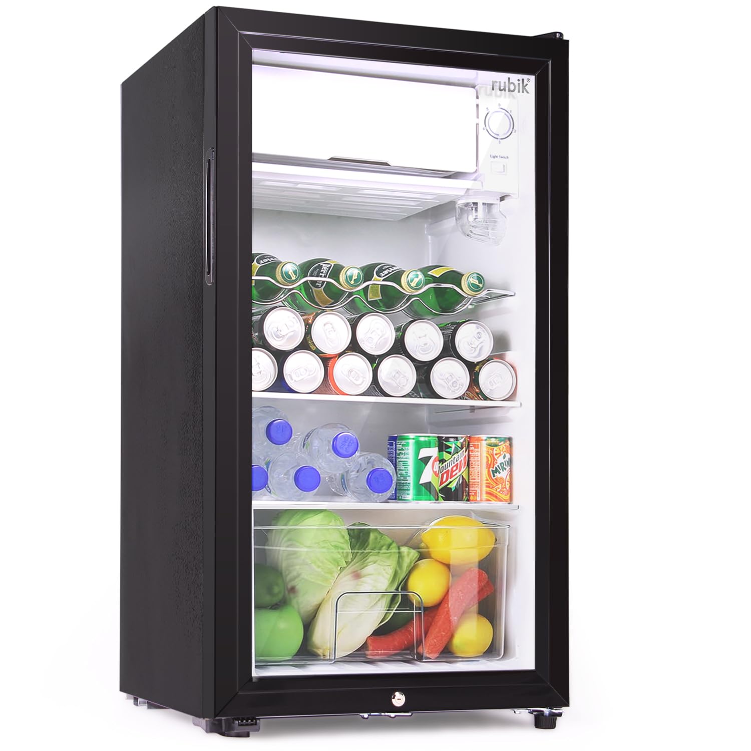 یخچال درب شیشه ای Rubik 95L با بخش فریزر نیمه، سردی مستقیم با خنک کننده یخ و روشنایی LED و قفل کلید (RB-95HC-JC) مشکی