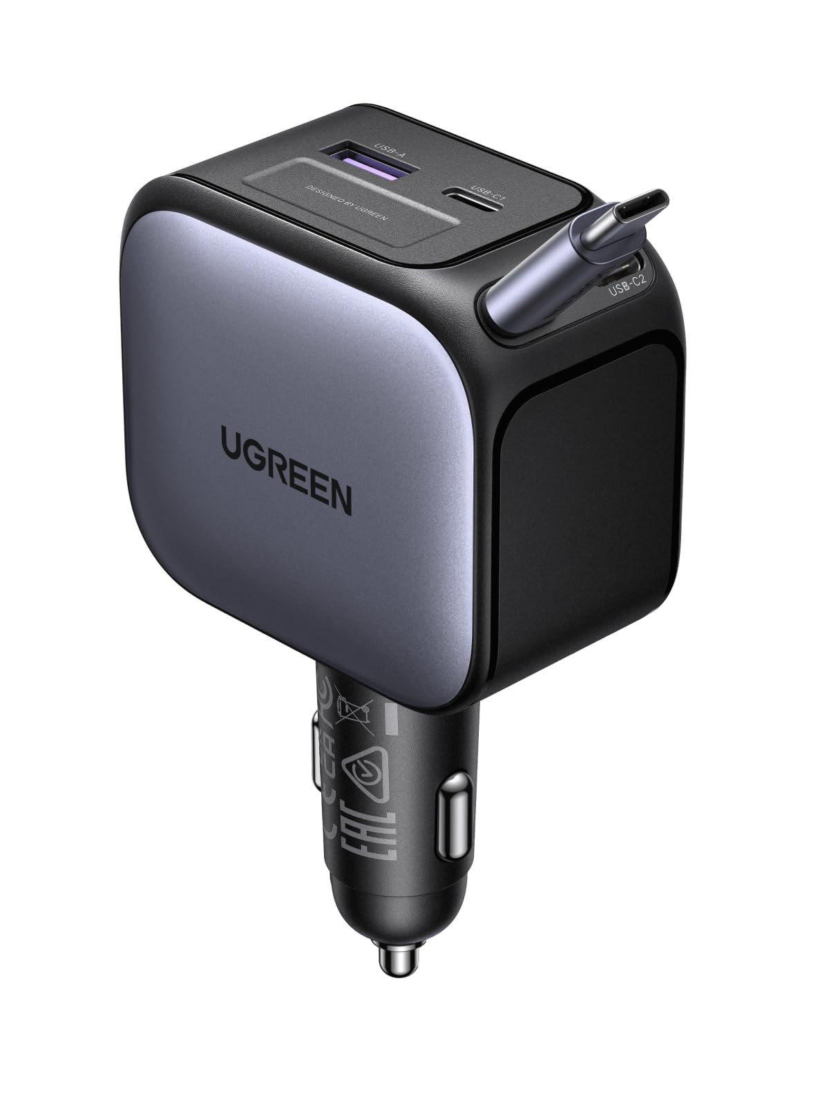 شارژر فوق سریع اتومبیلی UGREEN 145W با کابل USB-C 60W داخلی قابل کش 70 سانتی‌متری، 3*USB C+1*USB A شارژر فوق سریع آیفون برای آیفون 17 Pro Max، مک‌بوک پرو/ایر، سامسونگ S25 الترا