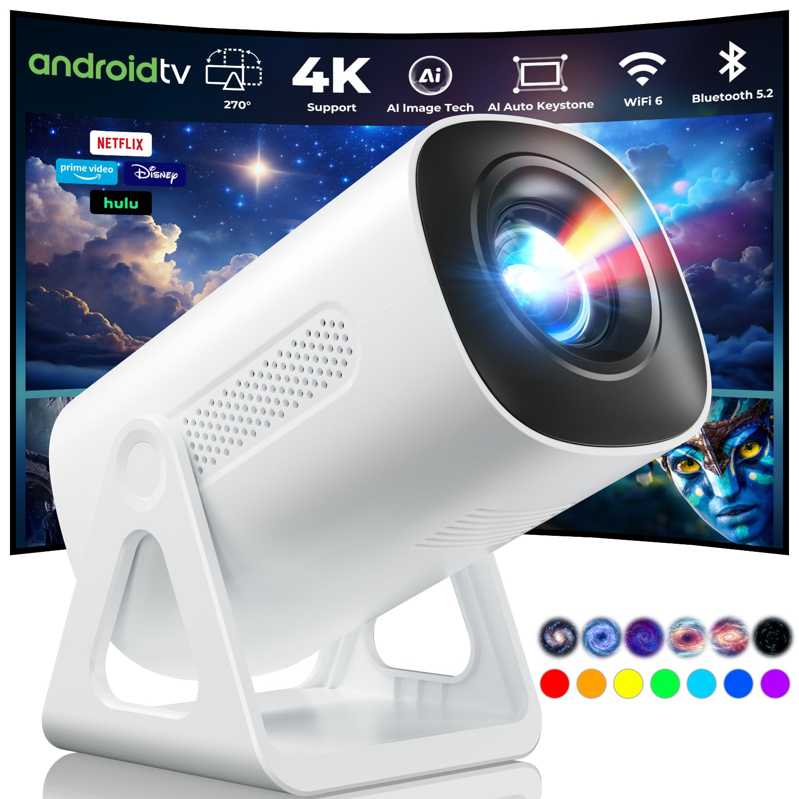 ترجمه: پروژکتور قابل حمل TransarJect - پروژکتور فیلم کوچک با پشتیبانی 4K 1080P، استند قابل تنظیم 270° برای استفاده خارج از منزل، پروژکتور ستاره‌ای سینمایی با نور محیطی برای تلفن همراه، TV Stick و لپ تاپ، به روزرسانی 2025 پروژکتور با WiFi و بلوتوث