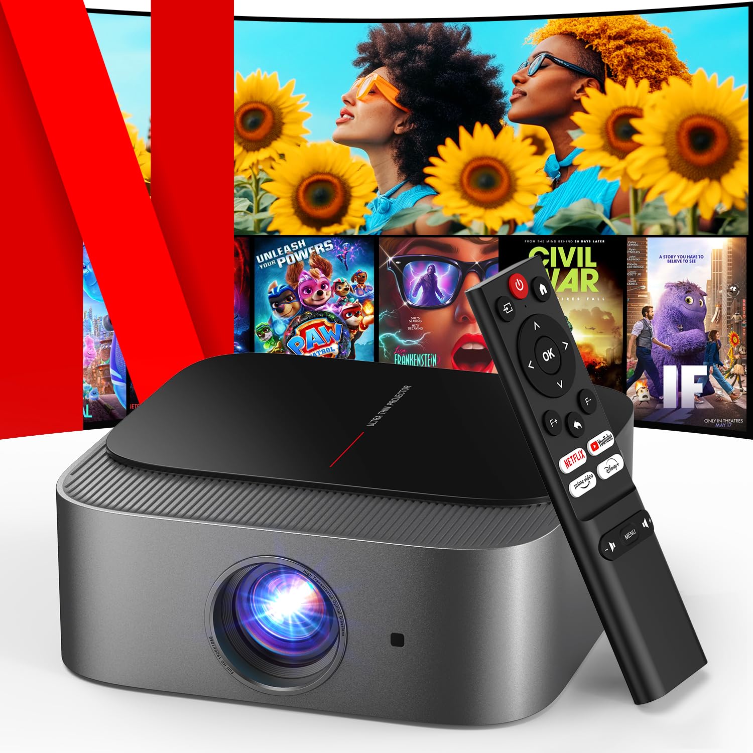 پروژکتور هوشمند DBPOWER E2 با وای فای و بلوتوث، پشتیبانی از ۴K همراه با نتفلیکس، یوتیوب، دیزنی پلاس، هولو، مکس، کرانچی رول با کیف حمل قابل حمل - رنگ خاکستری