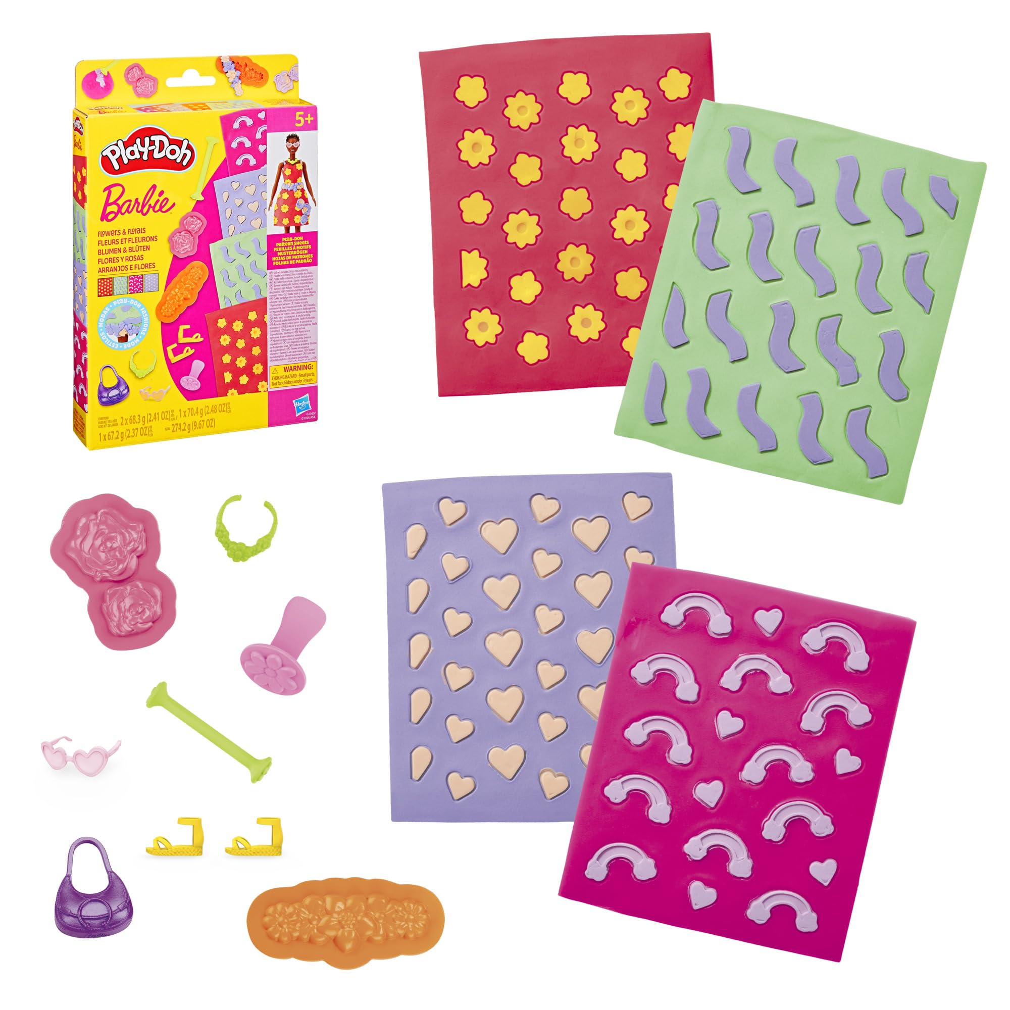 بازی Play-Doh Barbie Flowers and Florals Accessory Pack، 4 الگوی بازسازی شیت های ترکیب مدلینگ، 8 لوازم جانبی مد روز، هنرها و صنایع دستی برای رده‌سنی 5 سال به بالا (عروسک در این مجموعه شامل نمی‌شود)