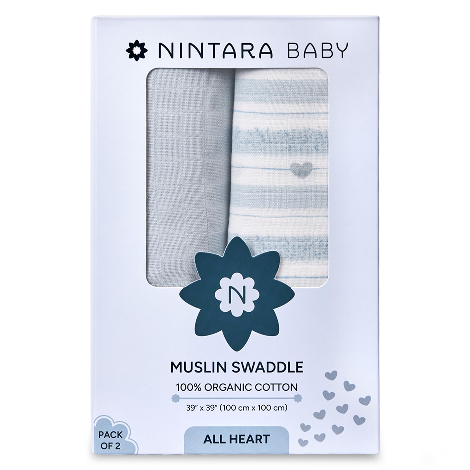 نینتارا بیبی Swaddle - ۱۰۰٪ پنبه موسلین ارگانیک با کیفیت بالا، ۳۹" x ۳۹" (۱۰۰ سانتی متر x ۱۰۰ سانتی متر)، بسیار نرم، تنفس پذیر و سبک، چند منظوره، نامشخص، ضدحساسیت، هدایایی برای نوزادان تازه متولد شده، بسته ۲ تایی