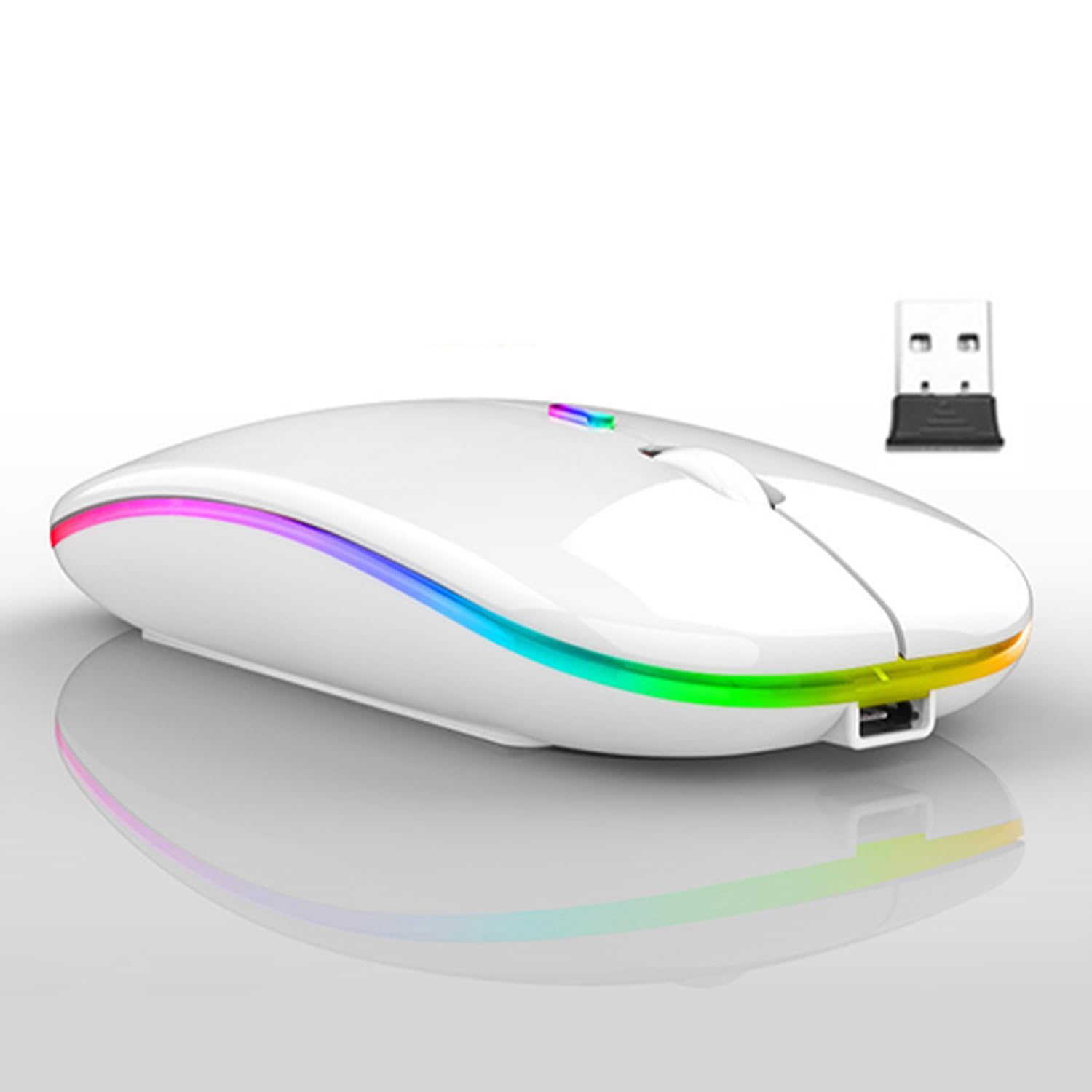 موشواره بی‌سیم بلوتوث، دارای گیرنده بلوتوث + USB بی‌سیم، موشواره بی‌سیم بلوتوث قابل شارژ Type-C برای کامپیوترها، لپتاپ‌ها، تبلت‌ها، تلفن‌های همراه، 3 DPI قابل تنظیم از پیش تعیین شده با نورهای RGB (سفید)