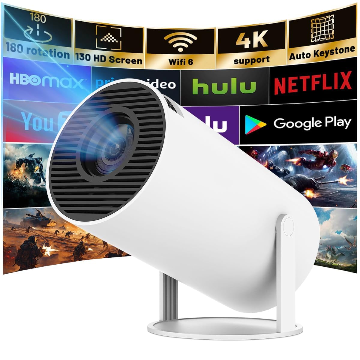 پروژکتور کوچک با WIFI 6 و بلوتوث، پشتیبانی از 4K 1080P، پروژکتور قابل حمل، برنامه داخلی، اندروید 11، 150 ANSI، اصلاح اتوماتیک Keystone، پروژکتور ویدئویی 40 "-130" برای لپتاپ / کامپیوتر شخصی / تلفن همراه